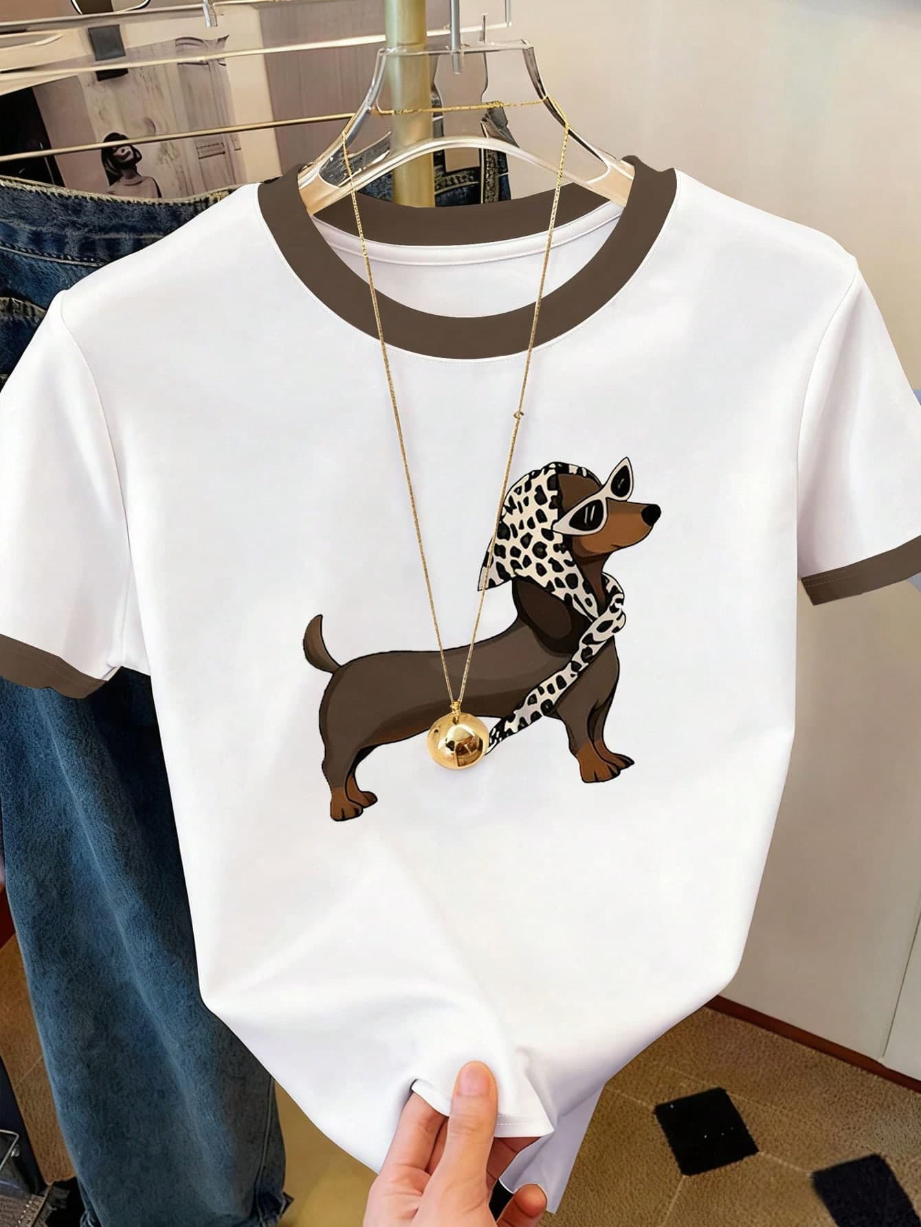 Resyla Women's Casual Graphic Tee, Summer New Design, White Color, Cute Puppy Print, Leopard Element, Outdoor, Women Short Sleeve T-Shirt