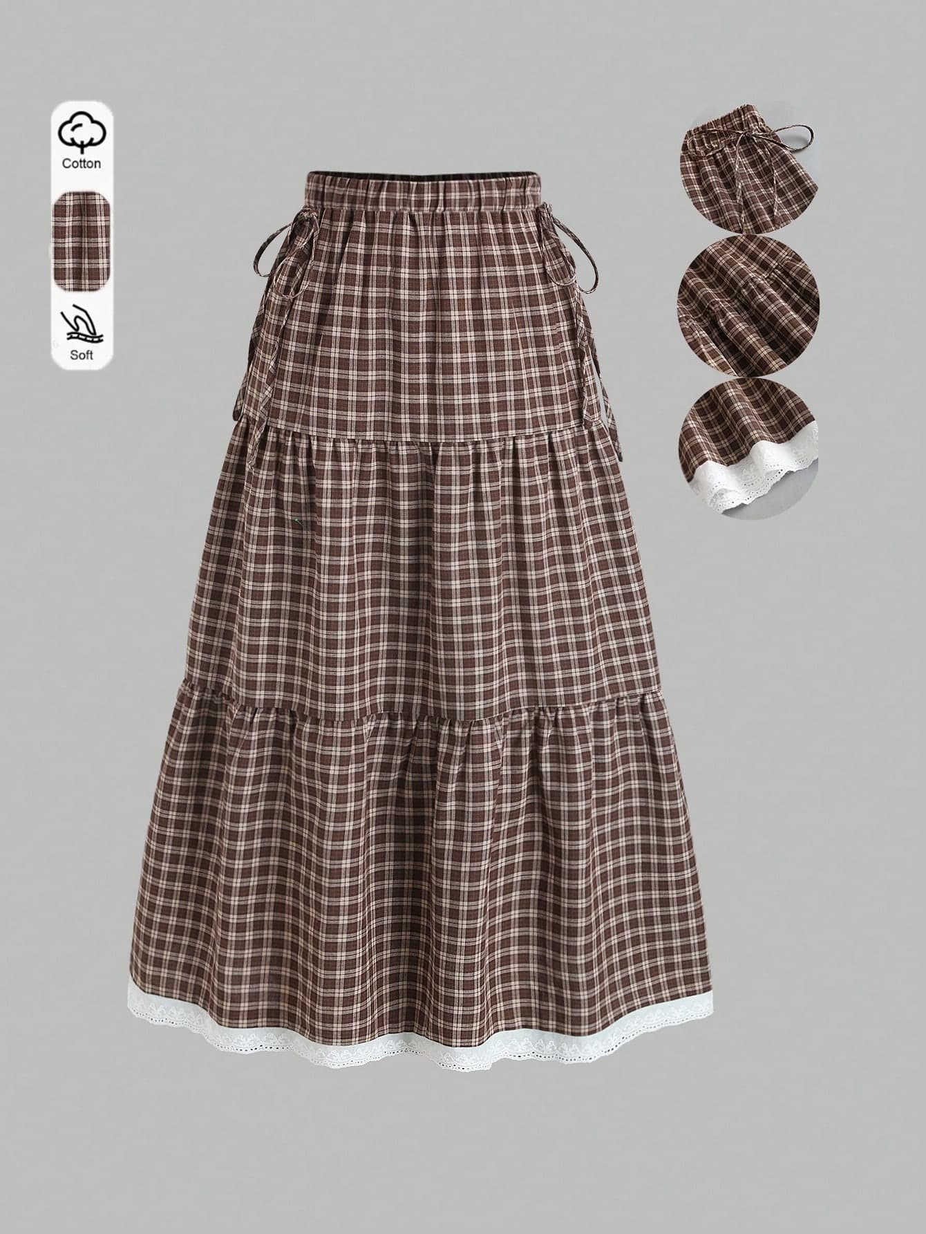 Sweetra French Plaid Design Vintage Collegiate Layered Hem Patchwork Sweet Lace Spring/Autumn New Fashion Bow Decor Fresh Elegant Lady Skirt