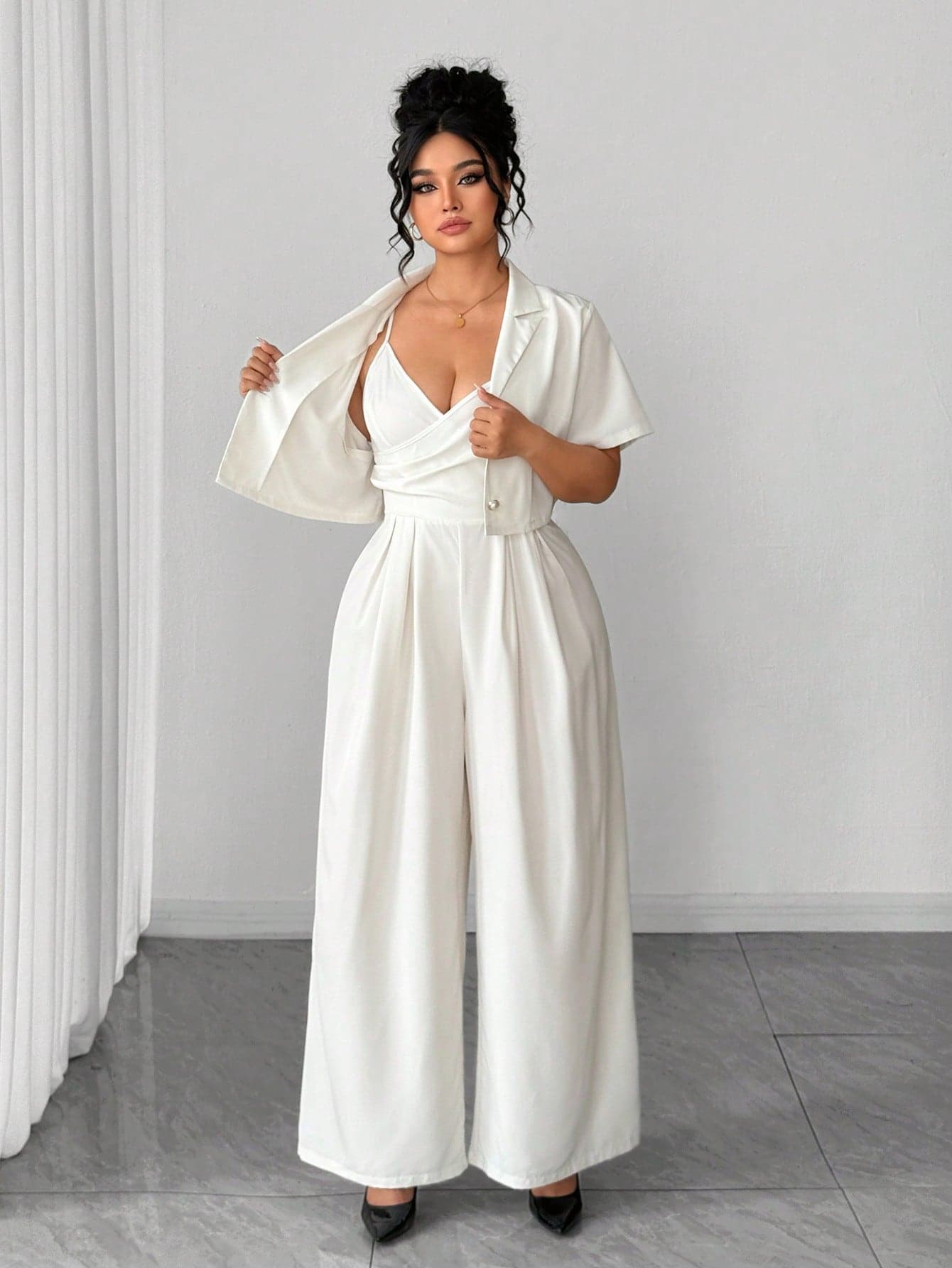 Elenzga Women's Plus Size White Summer Elegant Semi Formal 2-Piece Outfit,Short Sleeve Pearl Button Cropped Jacket & Ruched Waist Wide Leg Palazzo Jumpsuit