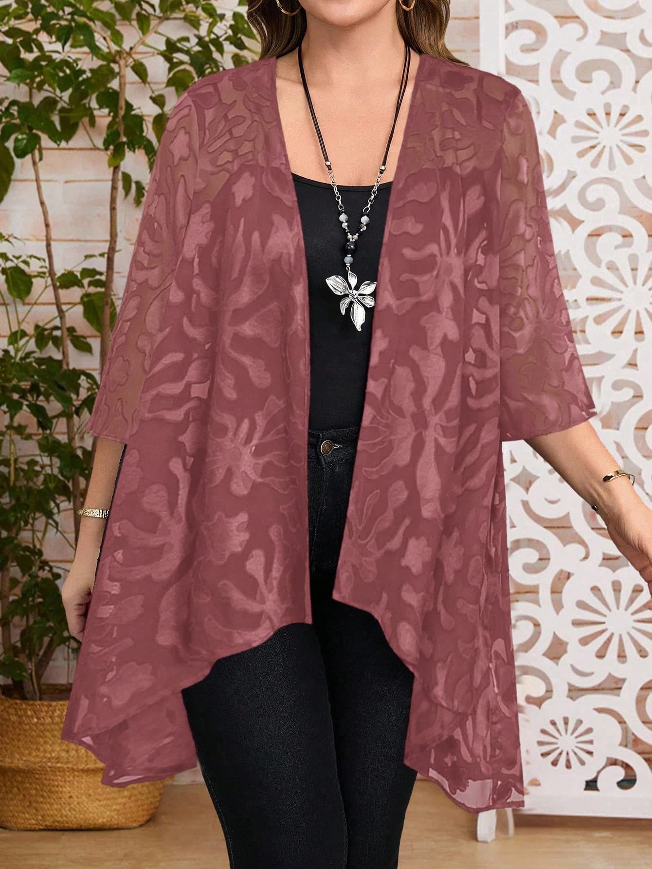EMERY ROSE Plus Size Women Jacquard 3/4 Sleeve Open Front Casual Vacation Jacket,Red Sequin,Autumn,Elegant,Formal Pink Coat Summer Cardigan Kimono Cover Up