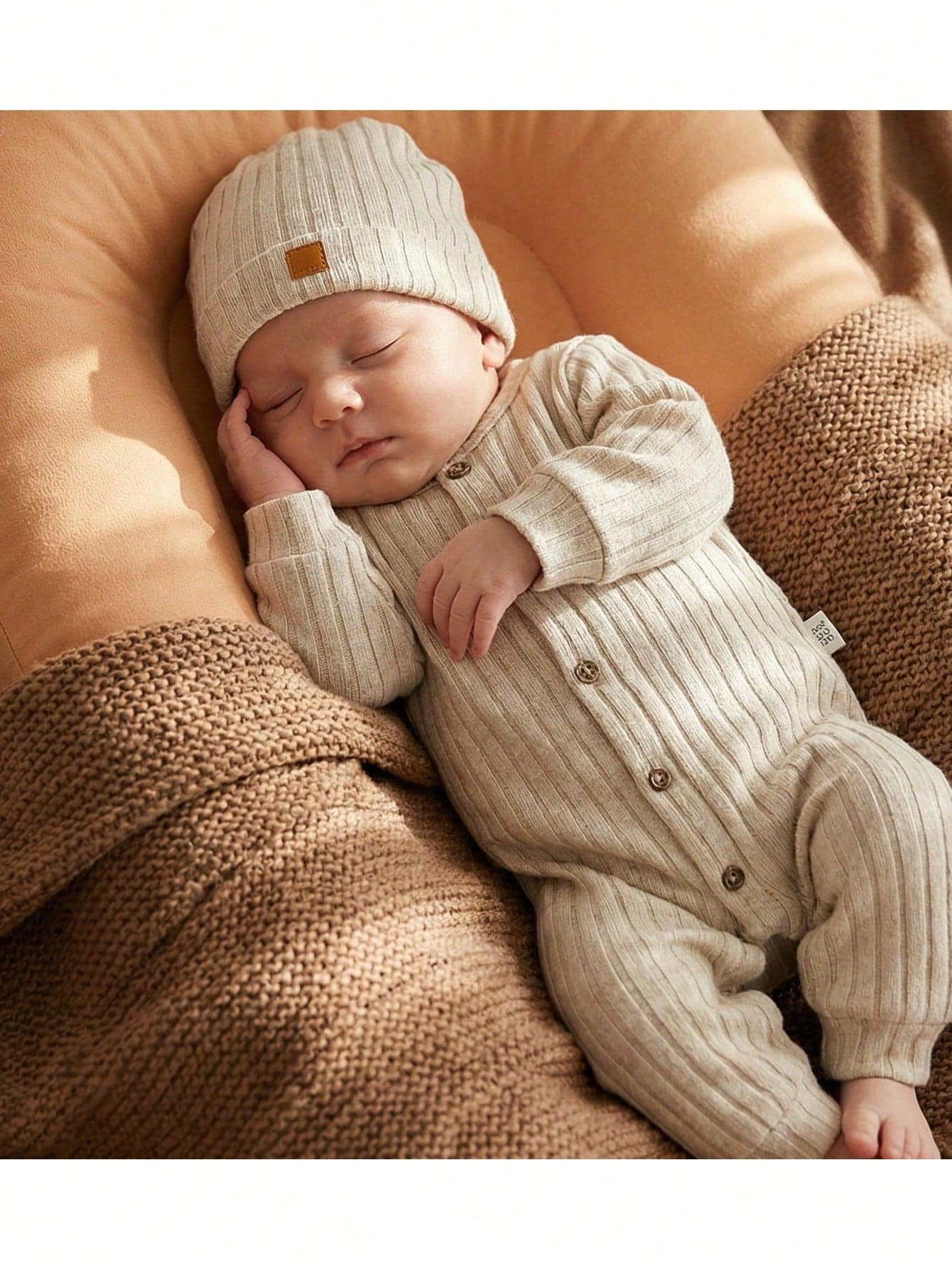 Loomiva Newborn Baby Boy/Girl 2pcs Set Solid Color Knitted Soft Round Neck Long Sleeve Jumpsuit & Hat