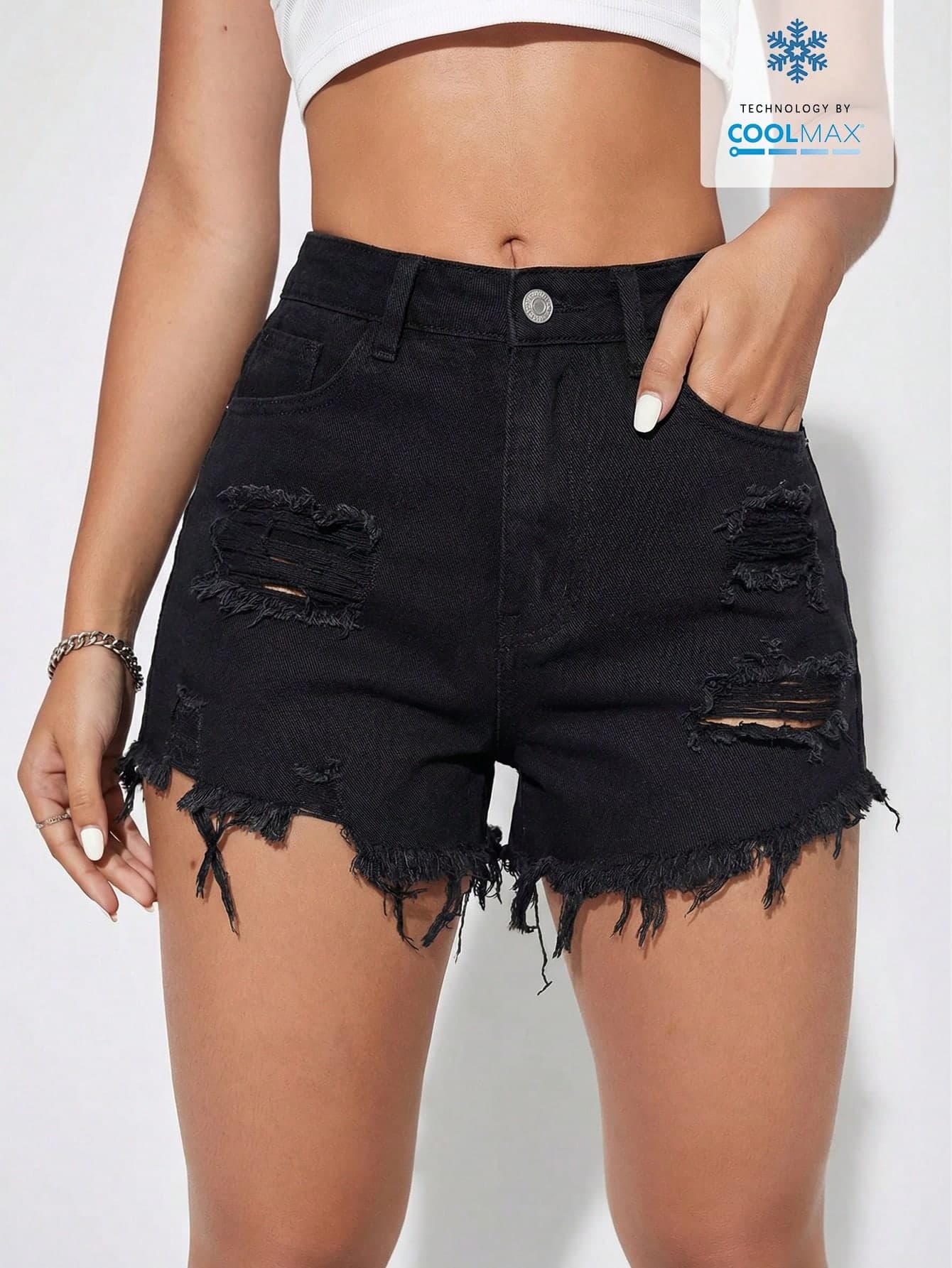 Rivivi Solid Color Slant Pocket Frayed Hem Distressed Casual Denim Shorts
