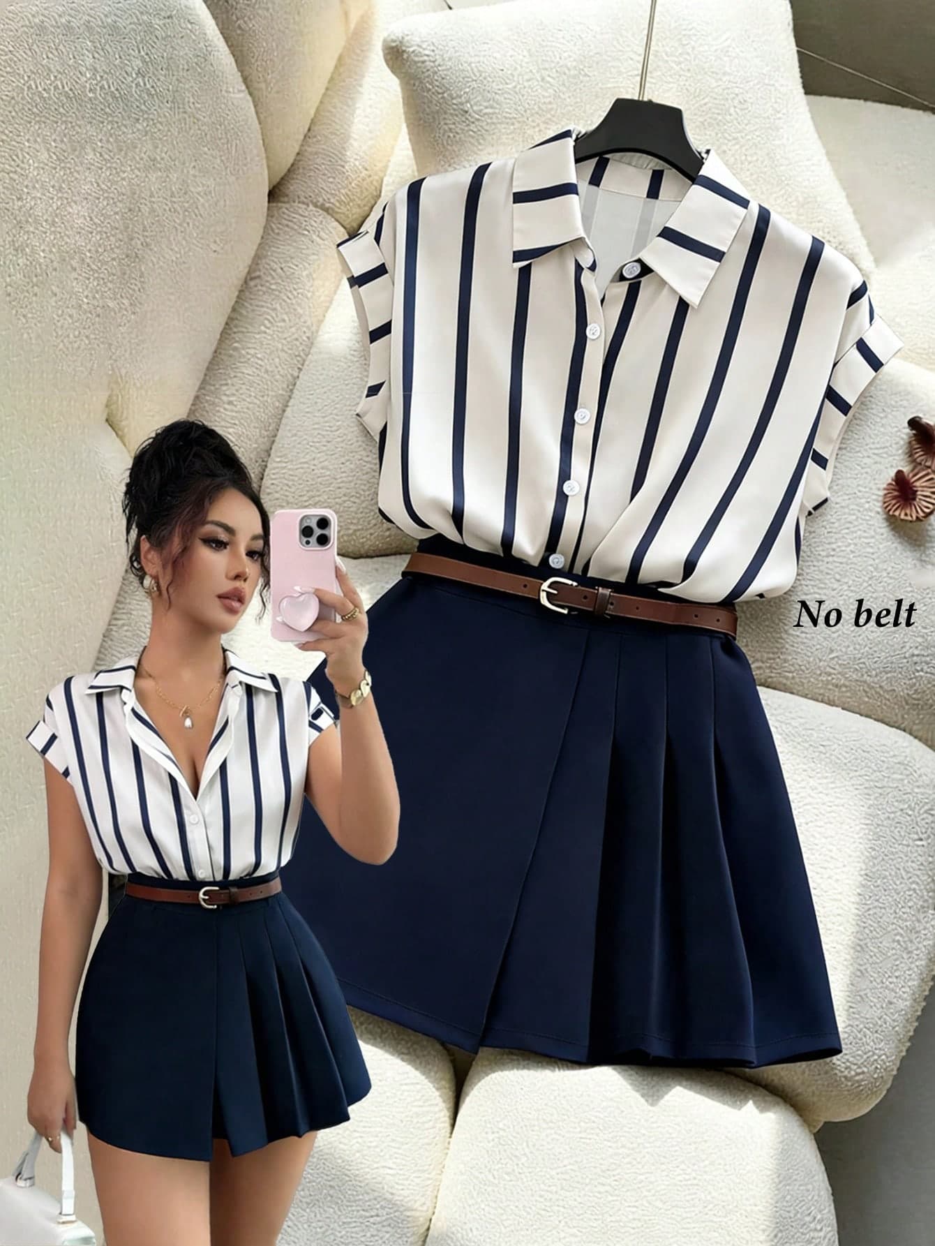 Franclia Women's Chic Navy Blue And White Striped Shirt & Asymmetric Pleated Skirt Set, Summer School Back-To-School Elegant Preppy Style Two-Piece Outfit