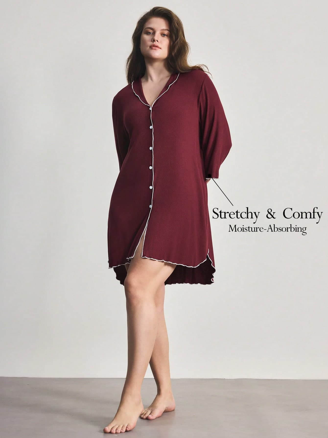 Ocili Plus Size Ribbed Comfortable Ruffle Collar Shell Button Nightgown