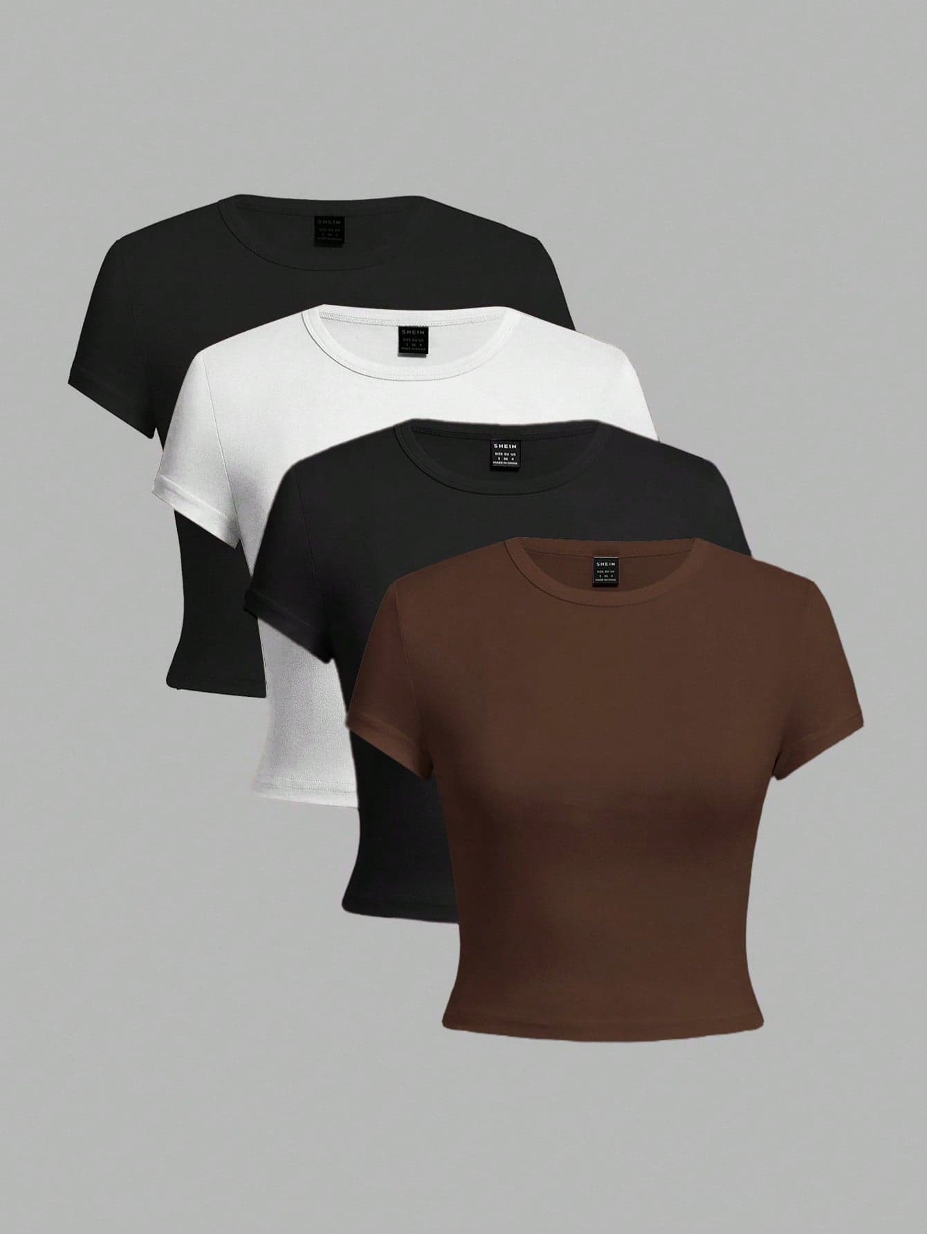 SHEIN EZwear Multicolor Casual Crop T-Shirt For Women Short Sleeve Knitted Fabric Round Neck Plain Top 3 Pack Tops Basic Tees Women