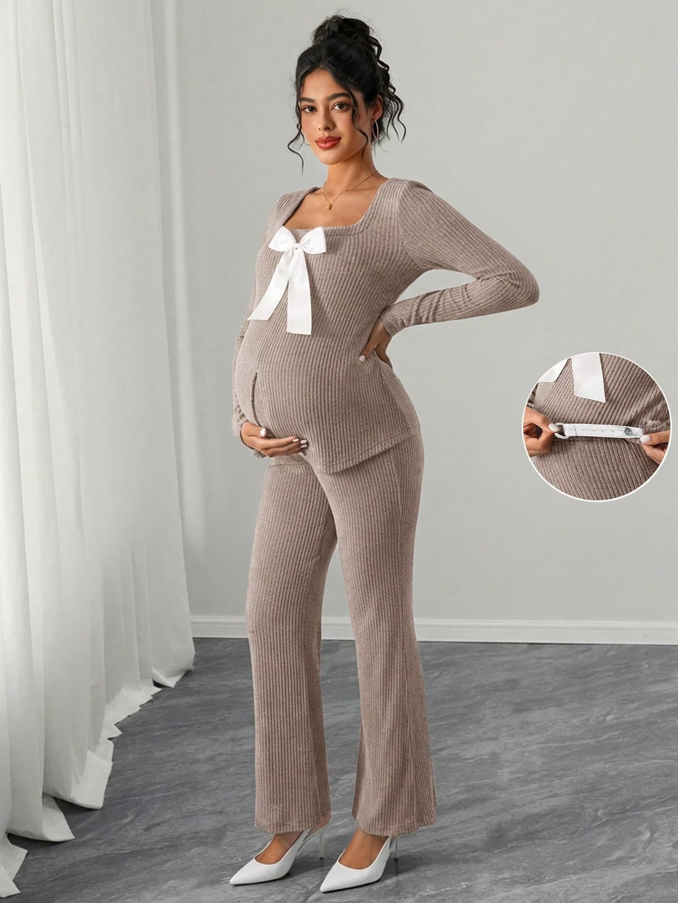 Momance 2pcs Maternity Bowknot Decor Square Neck Long Sleeve Top And Pants Set