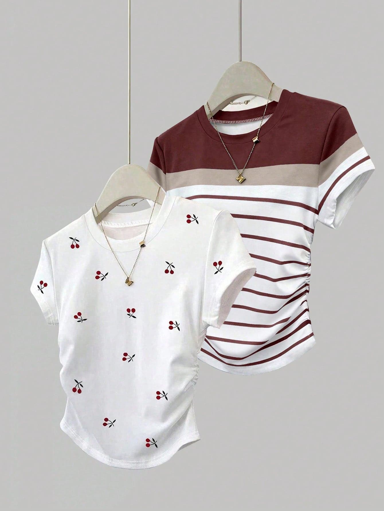 SHEIN 2pcs Women Summer Tops, Waist Slimming T-Shirt, Classic Striped & Sweet Cherry Print Design, Elegant Set, Casual, Outdoor, Student Wear