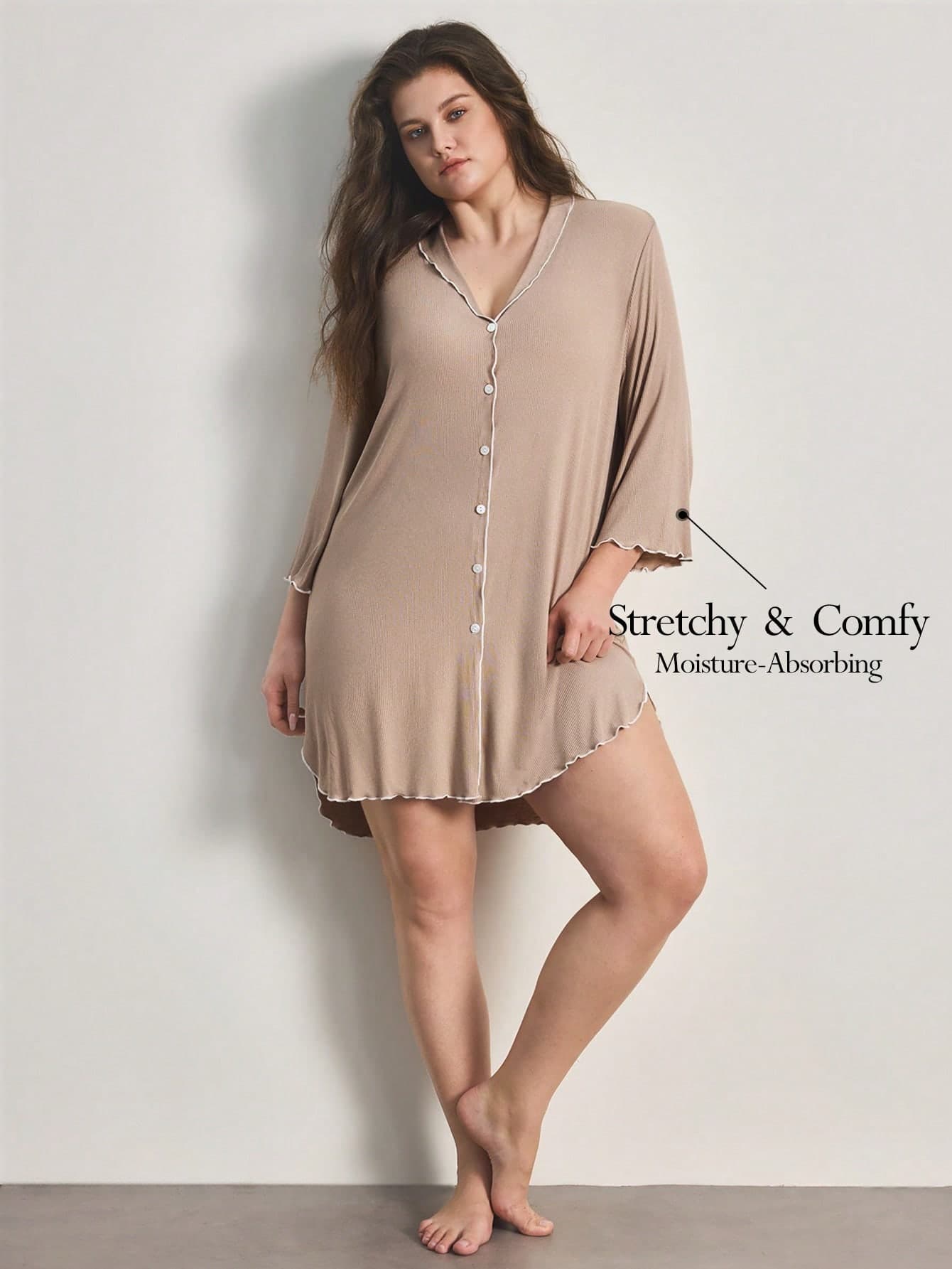 Ocili Plus Size Ribbed Comfortable Ruffle Collar Shell Button Nightgown