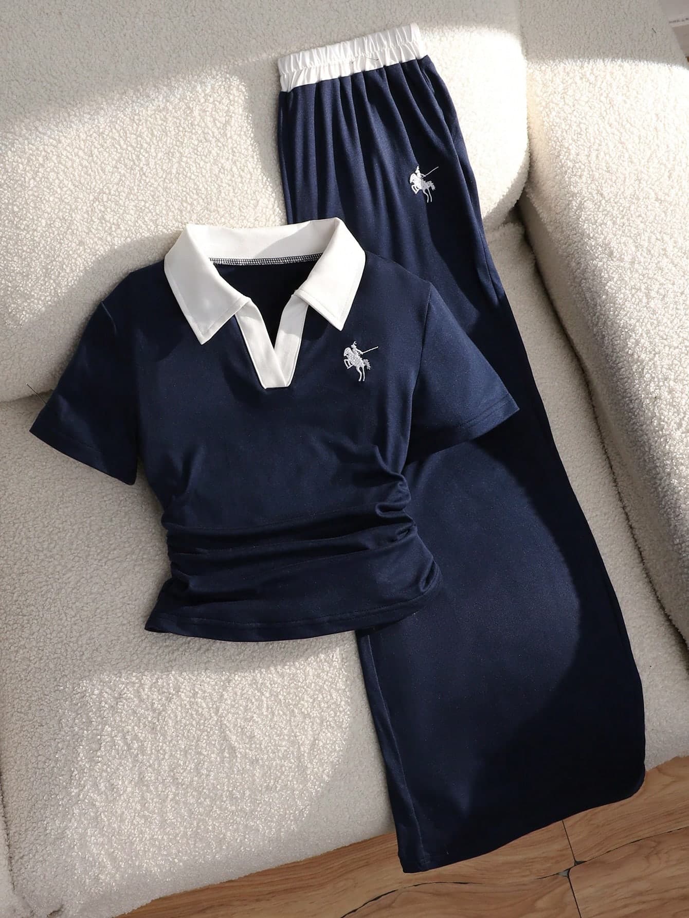 SHEIN Tween Girls' Casual Knight Embroidery Polo Collar Short Sleeve T-Shirt And Pants Set,Navy Blue,Summer,School,Back-To-School Preppy Clothes Outfit