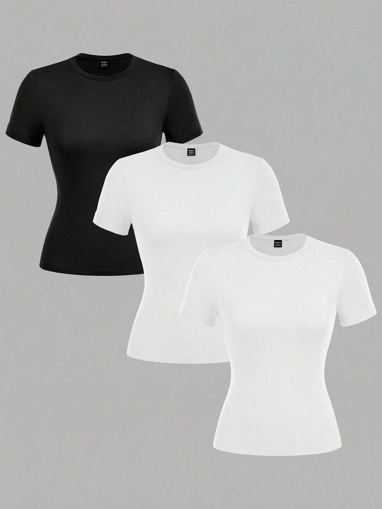 SHEIN EZwear Multicolor Women Casual Round Neck Patched Plain Knitted Regular T-Shirts Basic Tees Women 3 Pack Tops