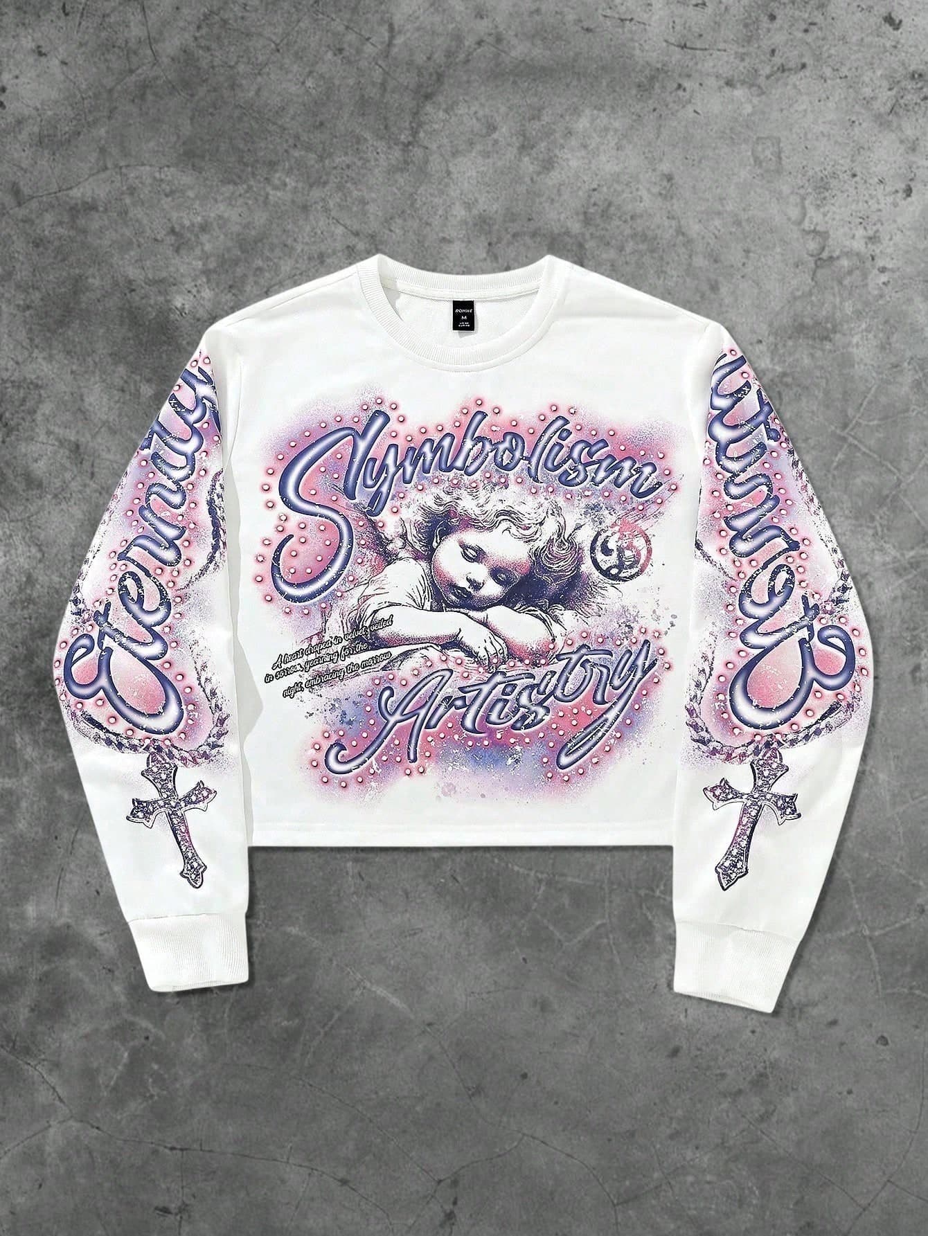 ROMWE MEN Street Life Teen Boy Letter & Cross Print Crew Neck Long Sleeve Casual Sweatshirt