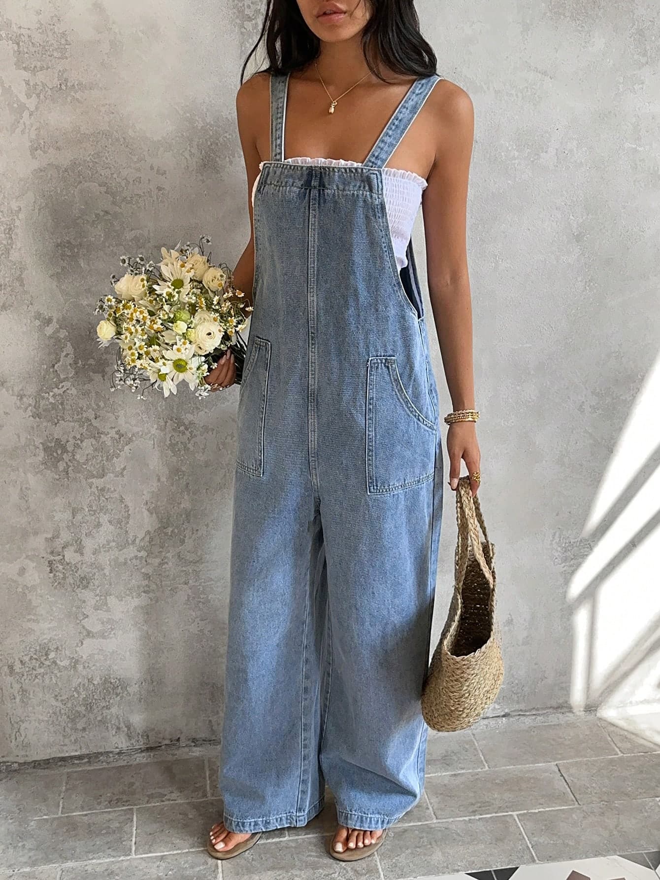 Sunnyshic Women's Solid Color Minimalist Casual Denim Bib Pants Jumpsuit