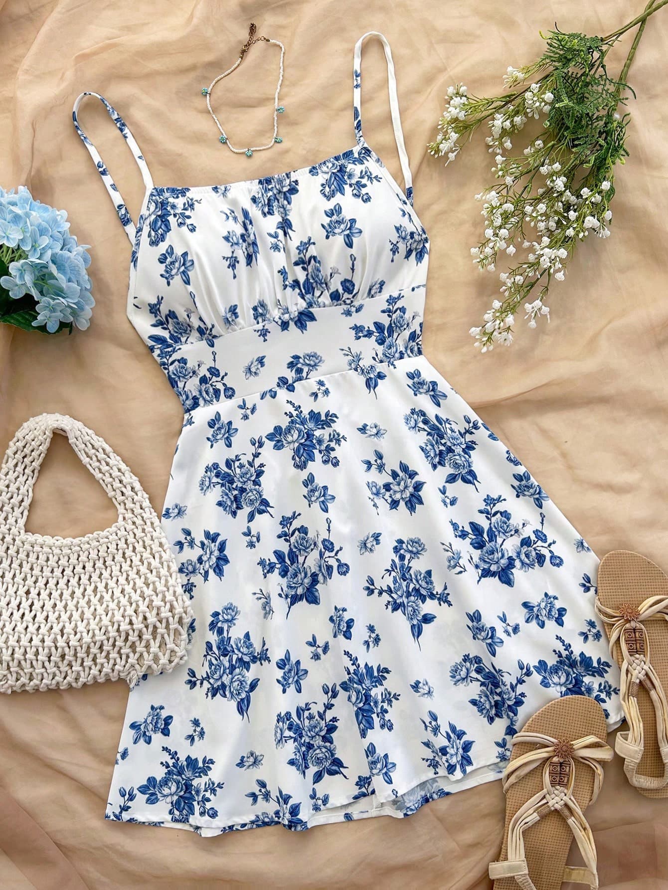 Soleia Women's White And Blue Floral Backless Spaghetti Strap A-Line Mini Dress,Summer Boho Holiday Picnic Holiday,Vacation Pastel Party Daily Wear Dresses