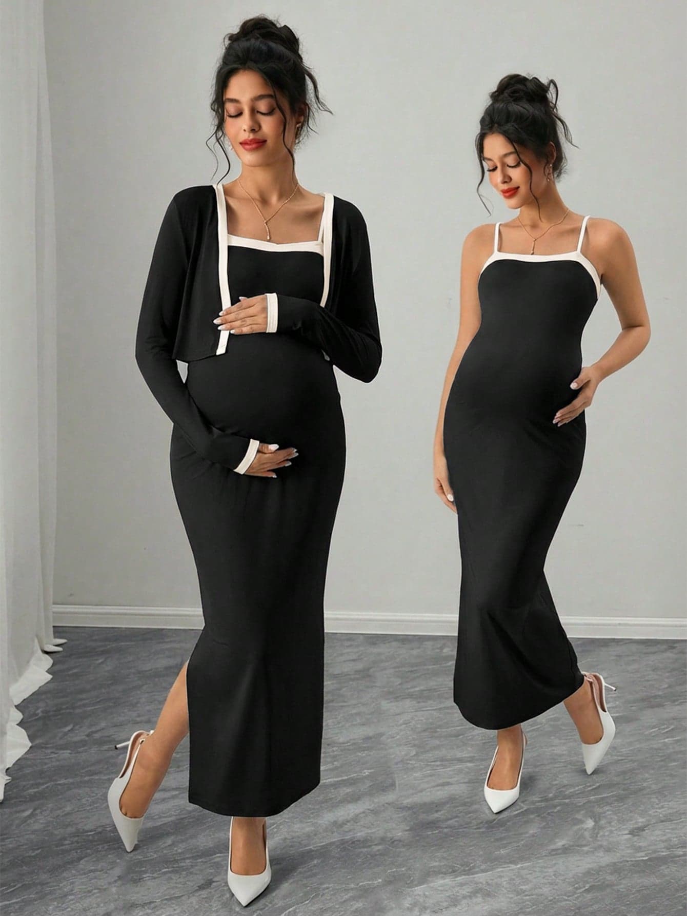 Momance 2pcs/Set Pregnant Women Patchwork Camisole Dress And Long Sleeve Open Front Top, Casual Vacation Outfit Autumn Maternity Photoshoot Fall