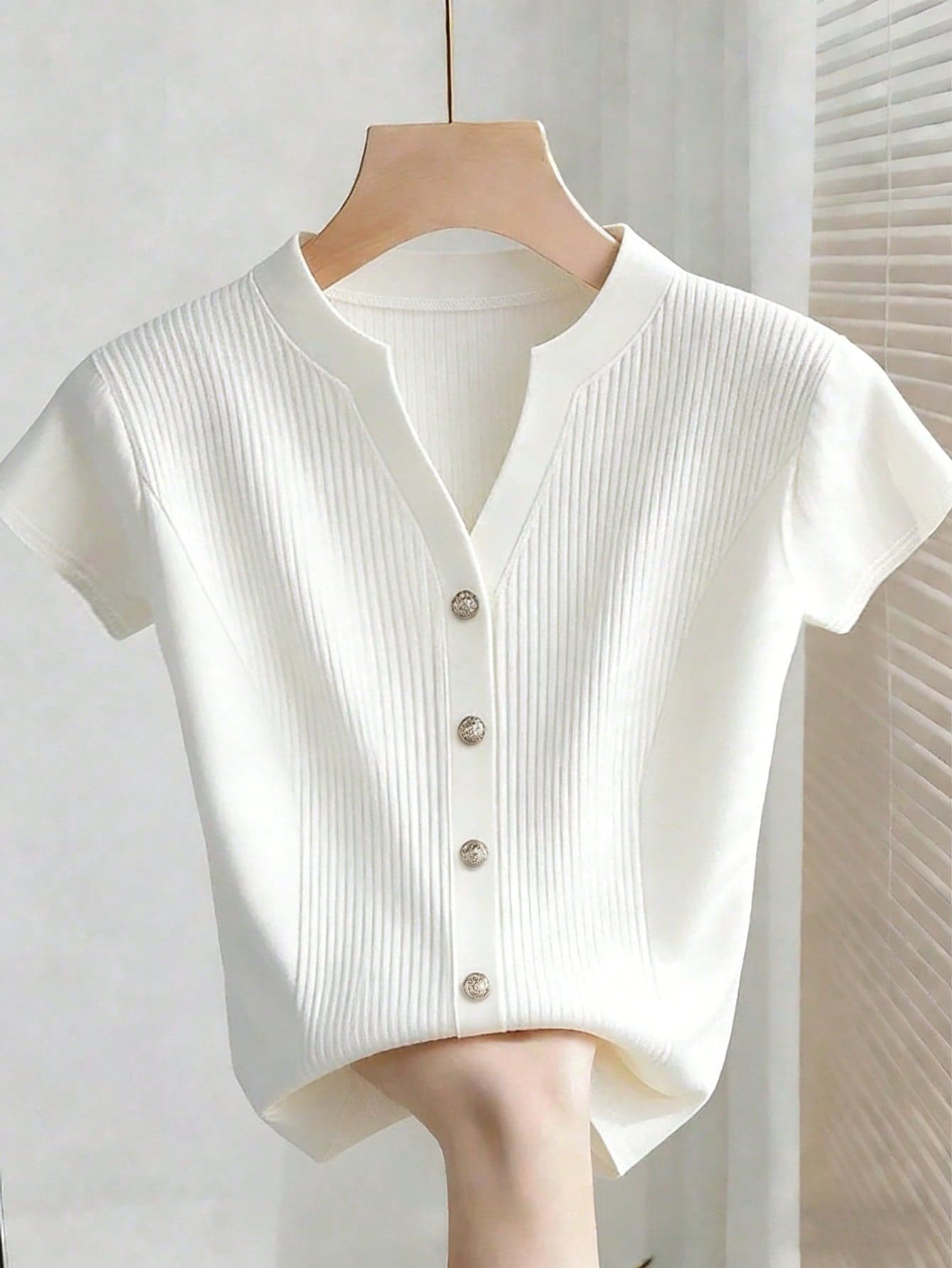 SHEIN Franclia Women's Elegant Summer White Ribbed Knit Top,Short Sleeve Button Cardigan,Notched Neck Casual T-Shirt For Work,Brunch And Everyday Commute