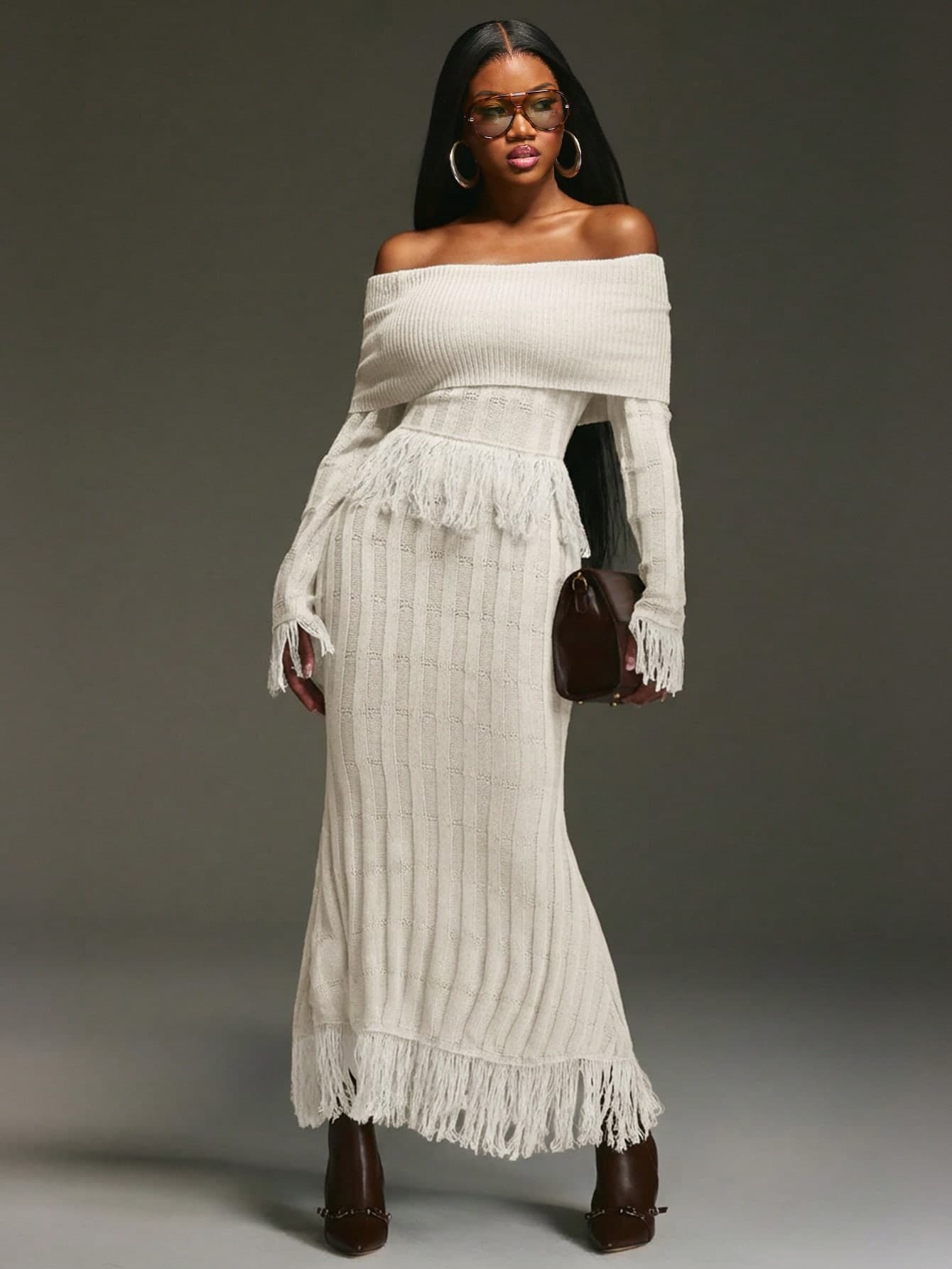 NYA SZN Elegant White Knit Fringe Dress For Women,Autumn Dining Outfits,Bold Off Shoulder Classy Statement Brunch Special Occasion Y2K Vintage Look