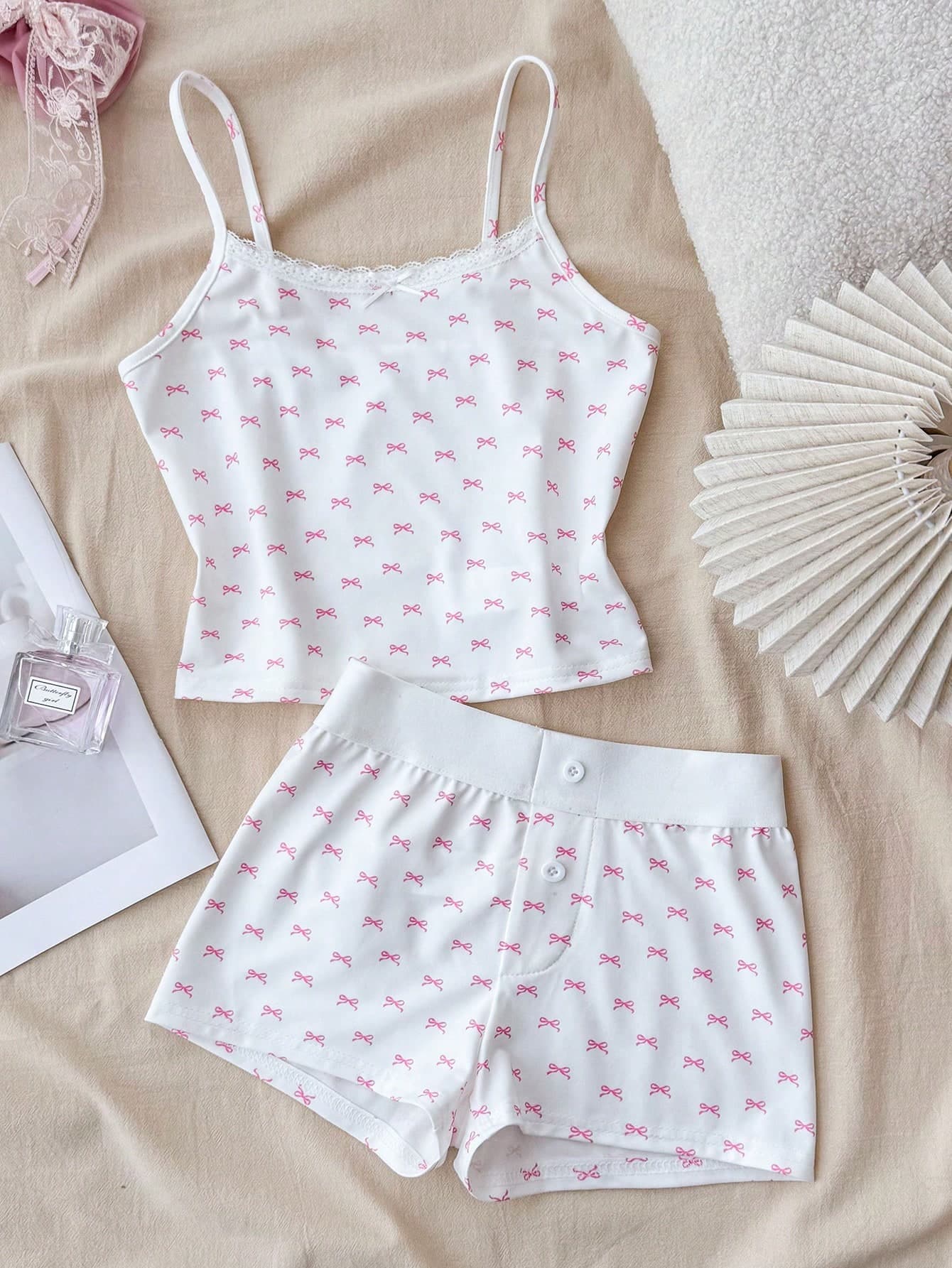 Tween Girls Pink And White Polka Dot Lace Trim Bow Camisole And Super Short Pants 2pcs Set,Cute Summer Night Sleepwear Outfit,Teenage Cherry Style