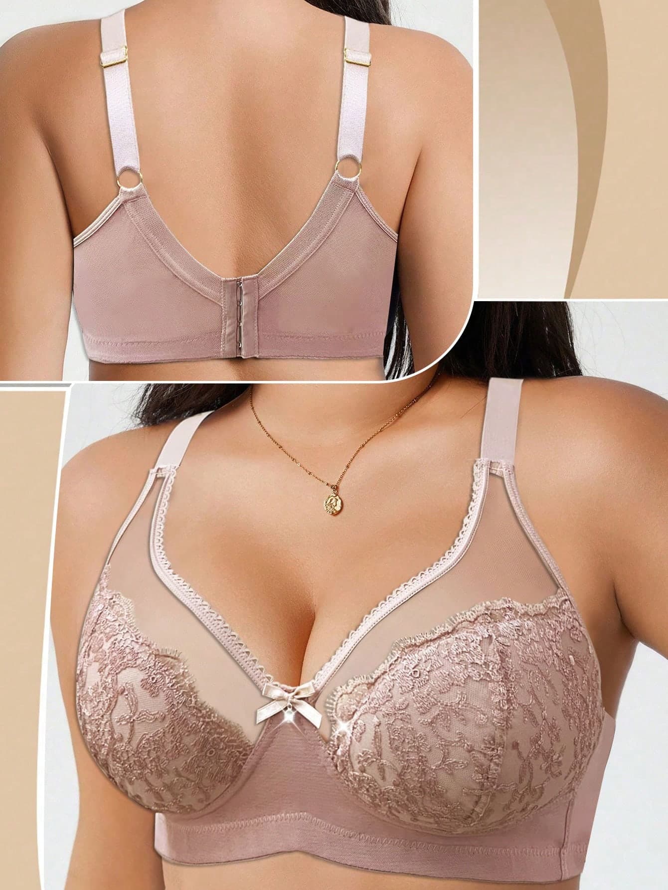 DesireSculpt 1pc Plus Size Lace Patchwork Wireless Bra