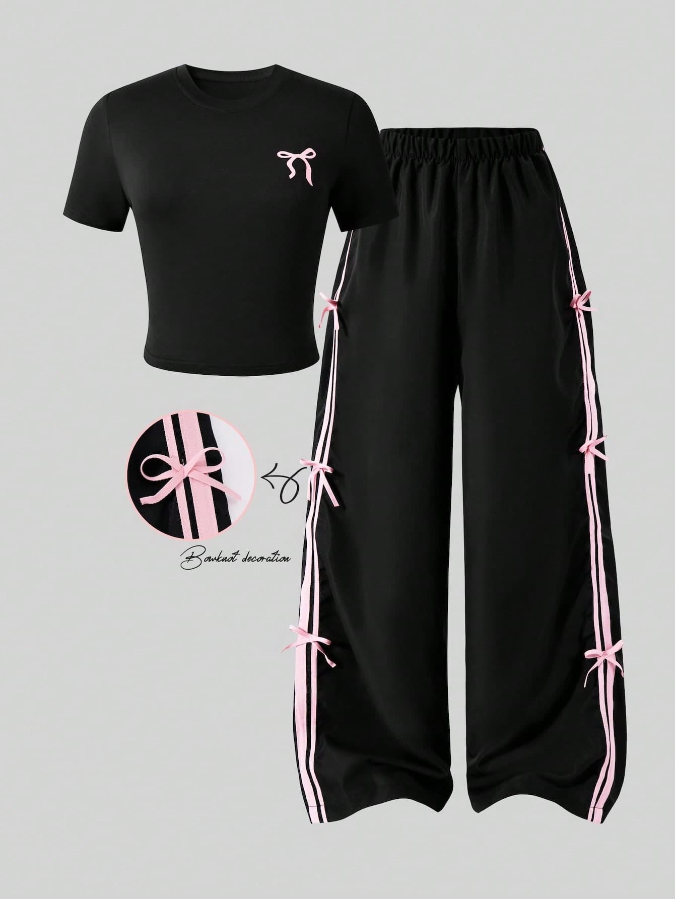 SHEIN 2pcs/Set Teenage Short Sleeve & Pants Set,Bow Tie Ribbon Decor,Black And White,Summer,Gothic,Sweet 16,Pink,Sports & Casual Wear Y2k Teen Girl Outfits