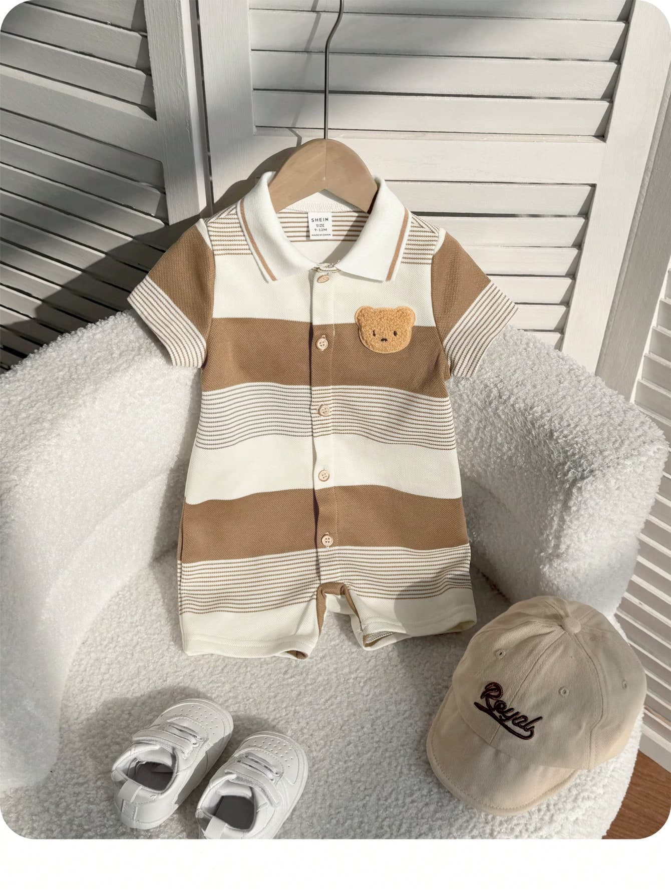 Newborn Baby Boy Cute Casual Knitted Striped Cartoon Pattern Short Sleeve Romper Clothes Summer Mocha Outfit Brown Vintage