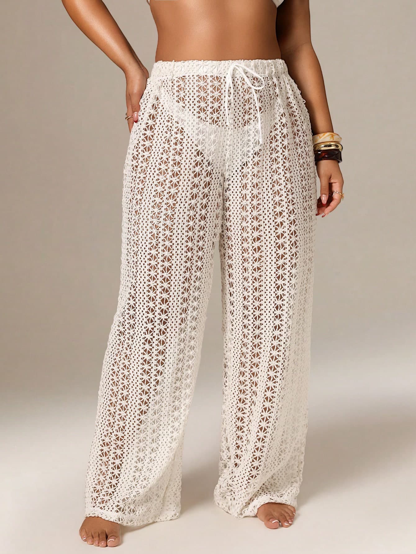 Auralis Plus Size Women Hollow Design Waist Tie Swimwear Pants