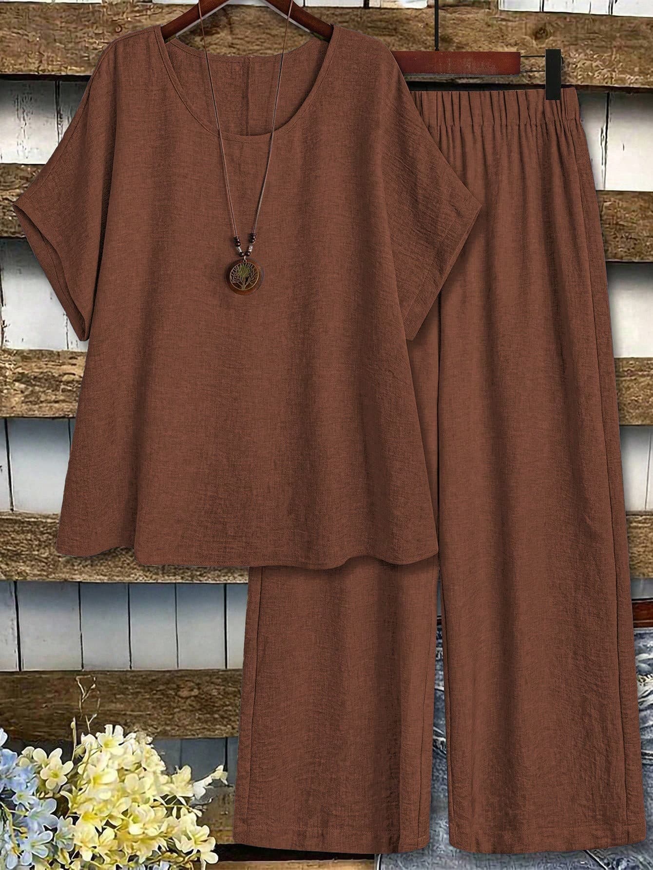 Linhara Plus Size Women's Brown Summer Holiday Smart Casual 2 Pieces Set,Solid Batwing Loose Top & Wide Leg Pants, Linen Comfortable Vacation Clothes