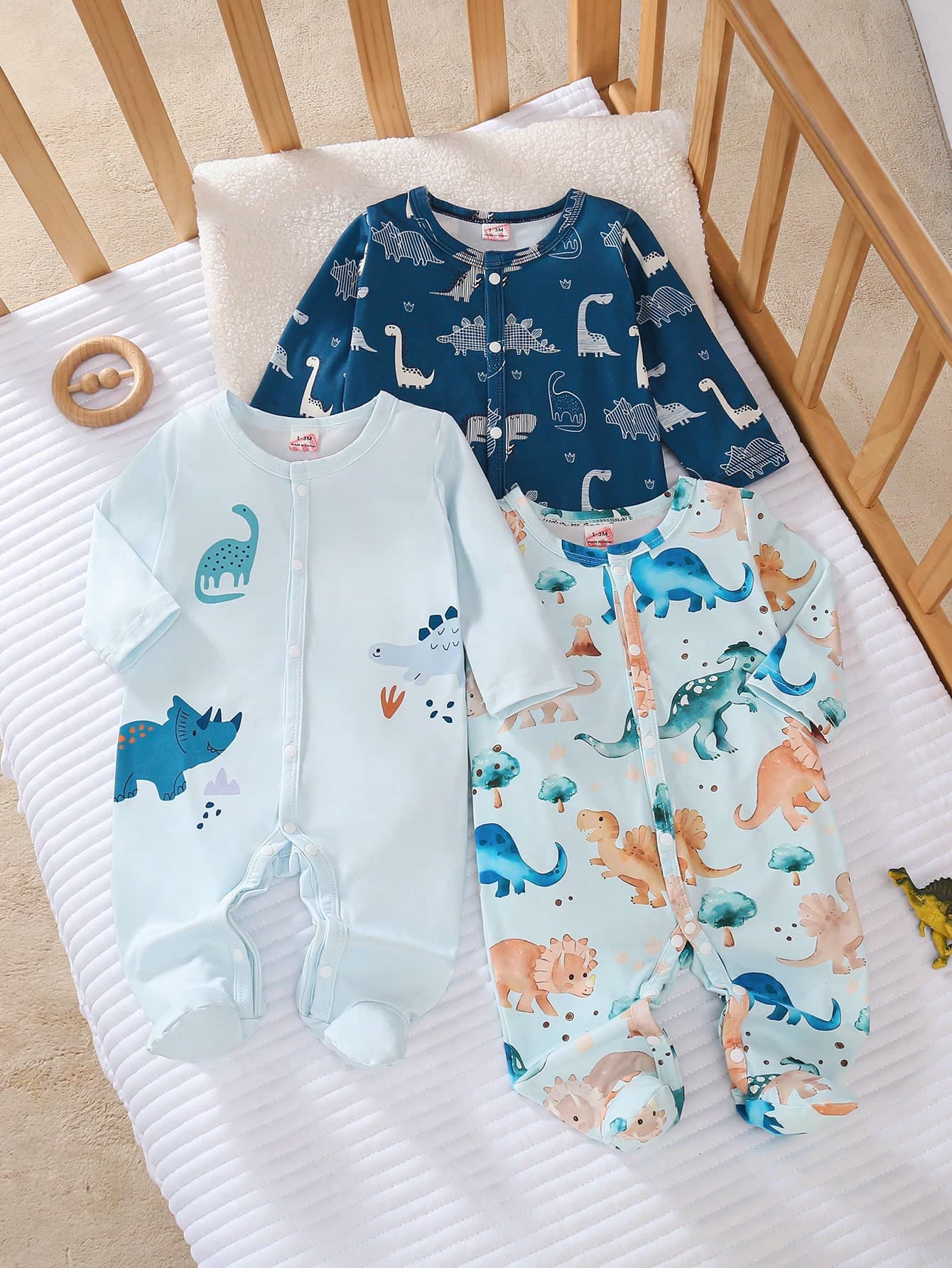 3pcs Newborn Baby Long Sleeve Footed Rompers, Blue, Navy Blue & White Dinosaur Cute Pattern, Soft & Comfortable Infant Pajamas, Best Gift For Newborns