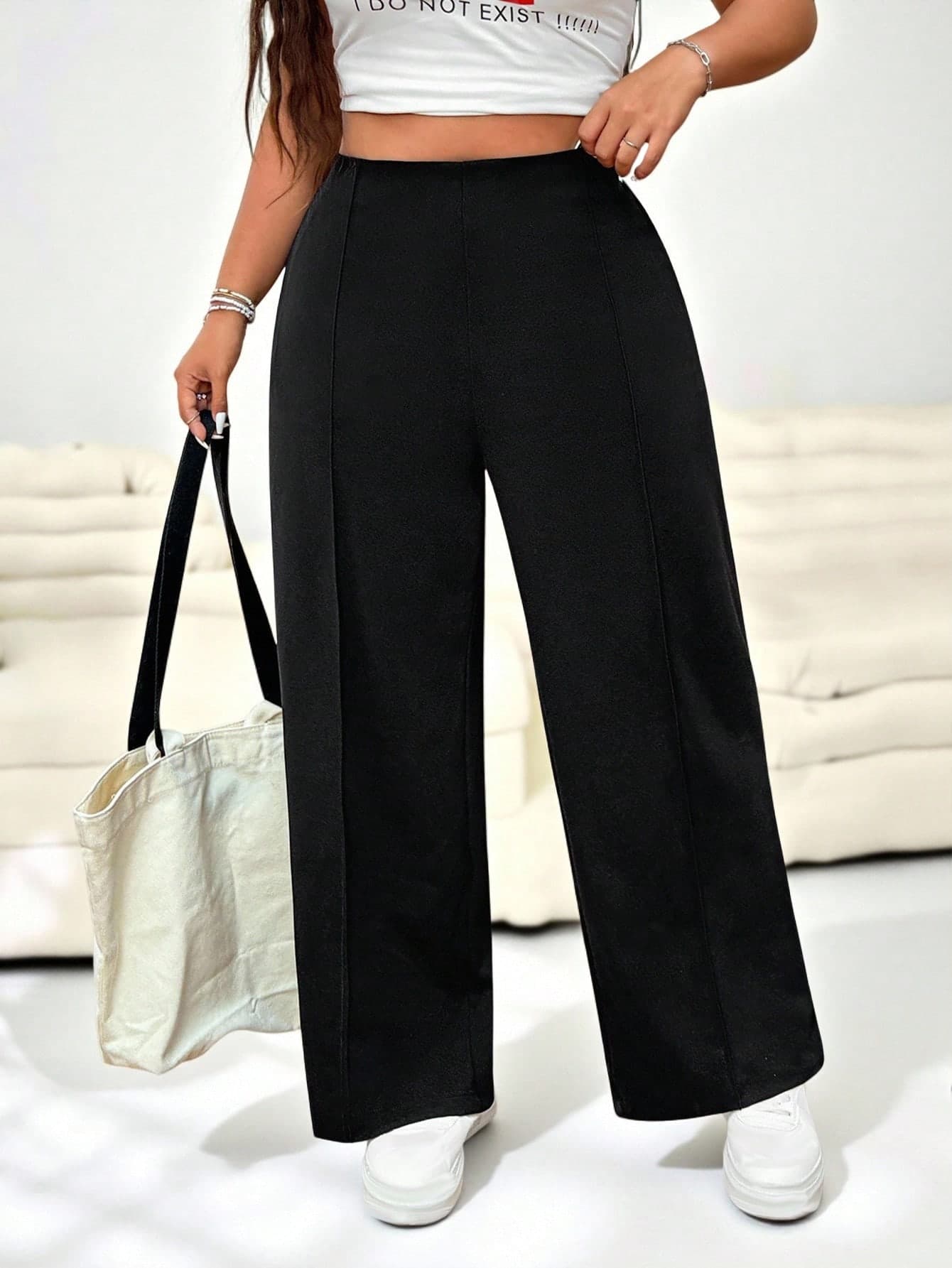SHEIN EZwear Women Plus Size Solid Color Minimalist Straight Leg Office Pants Graduation, Back To School, Teacher For Women In Fall, Winter