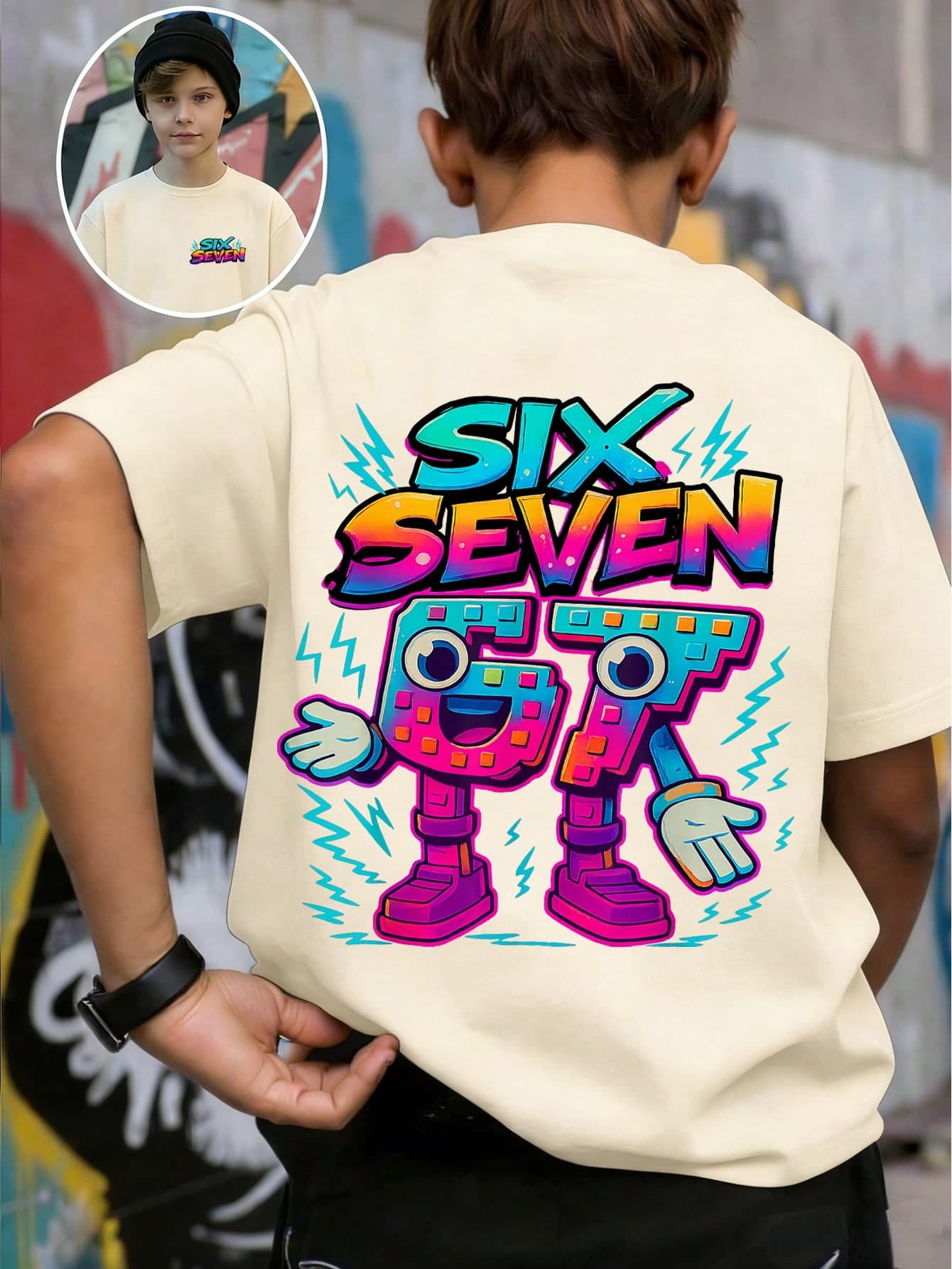 SHEIN Streecool Kids Tween Boy Beige Summer Casual School Back-To-School Numeric 67 Cartoon Building Block Lightning Bolt Slogan Graphic Print Relaxed Short T-Shirt