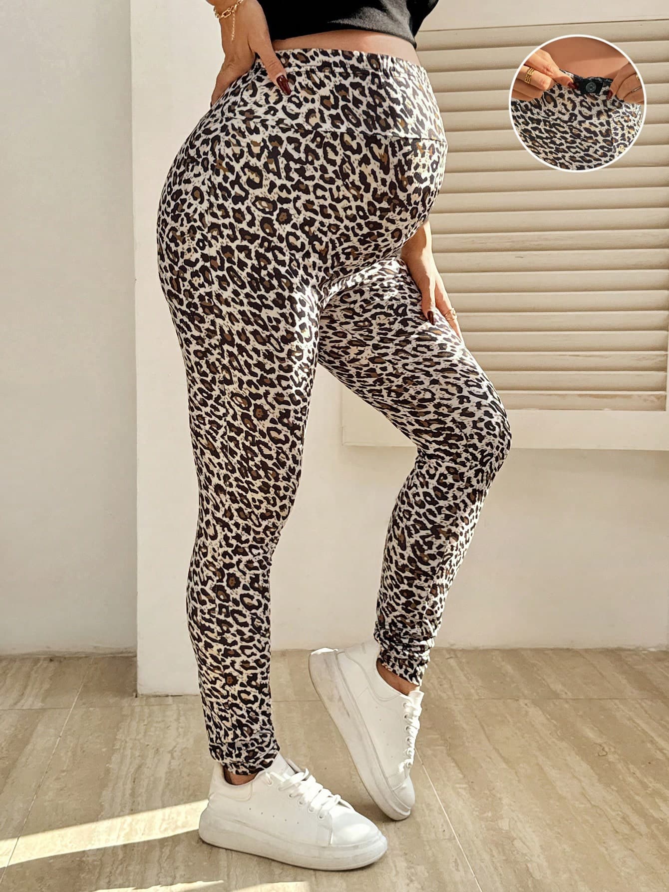 SHEIN Leopard Print Maternity Leggings,Summer Casual Coming Home Clothes For Pregnant Women,Highly Elastic Comfortable Adjustable Waist Versatile Leggings