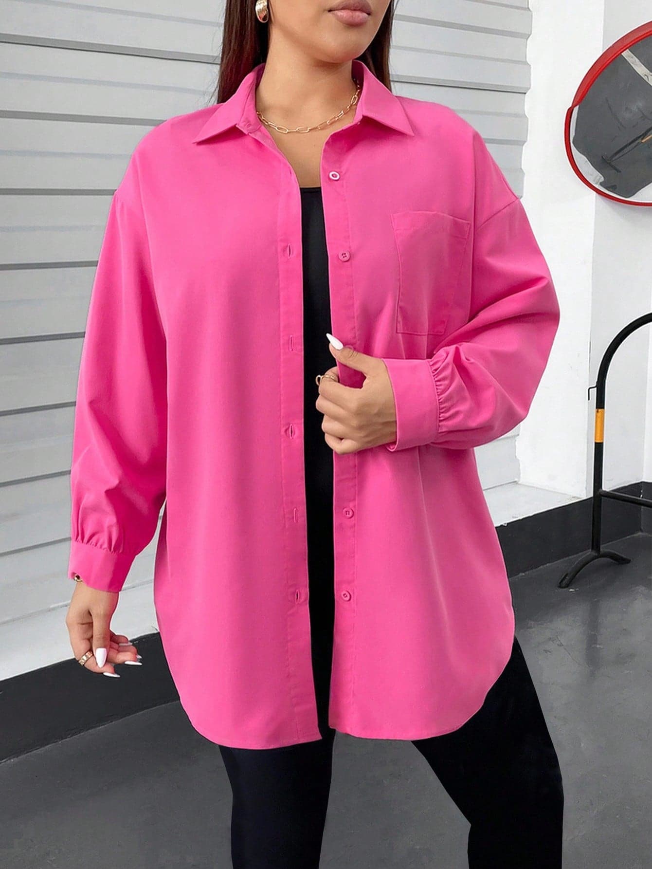 SHEIN Essnce Plus Size Women's Hot Pink Button-Up Shirt Black Tight Vest Jumpsuit Two-Piece Set Autumn Casual Lougewear Y2k Streetwear Airport Outfit Office Fall