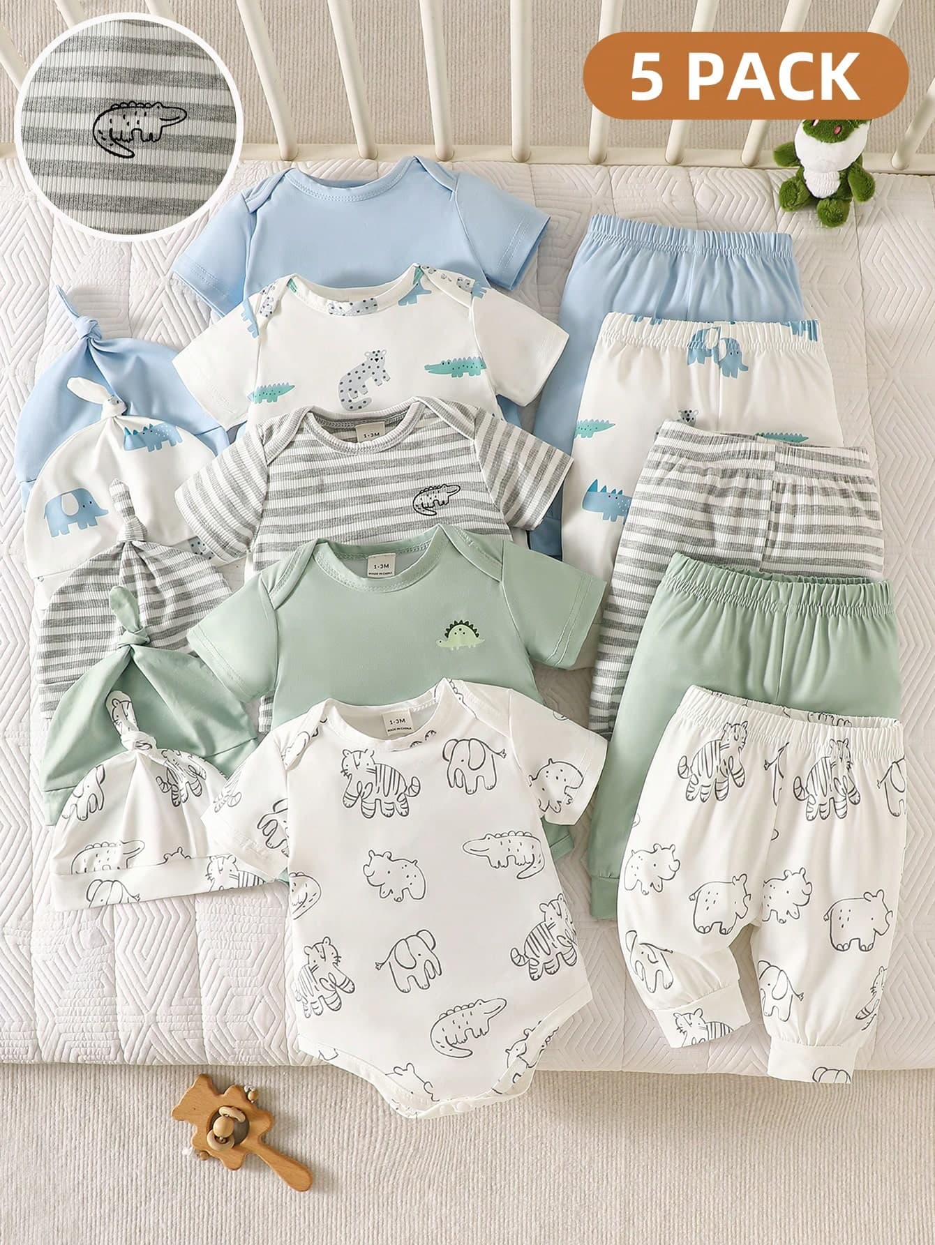 SHEIN 5pcs/Set Newborn Baby Unisex Cute Outfit White Summer Casual Family Matching Striped Romper Pants Hat Baby Boy Animal Print Clothes Layette Set