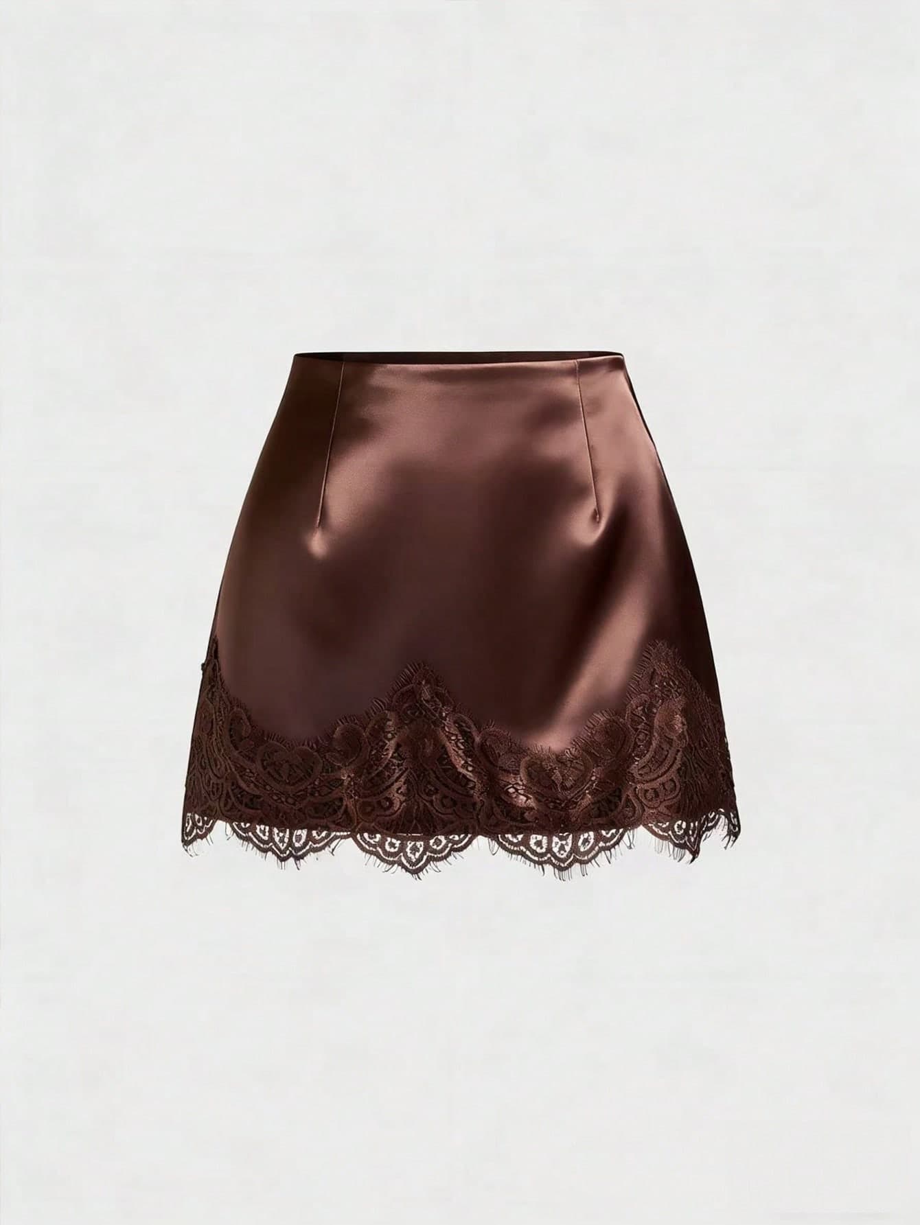 SHEIN x Luisa Sonza Sweetra Elegant French Retro Satin Brown Floral Patchwork Casual Skirt, Chic Early Spring New Arrival