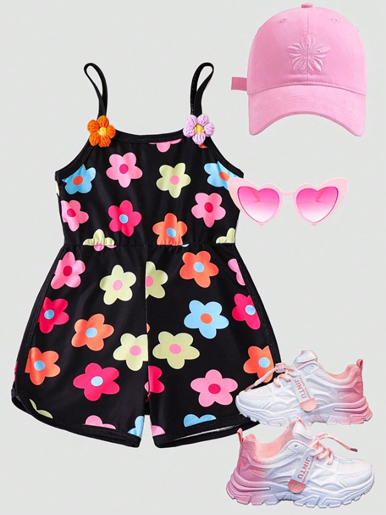 SHEIN Young Girl (Small) White Fashionable Cute Cartoon Colorful Floral Print Sleeveless Jumpsuit, Comfortable Spring/Summer