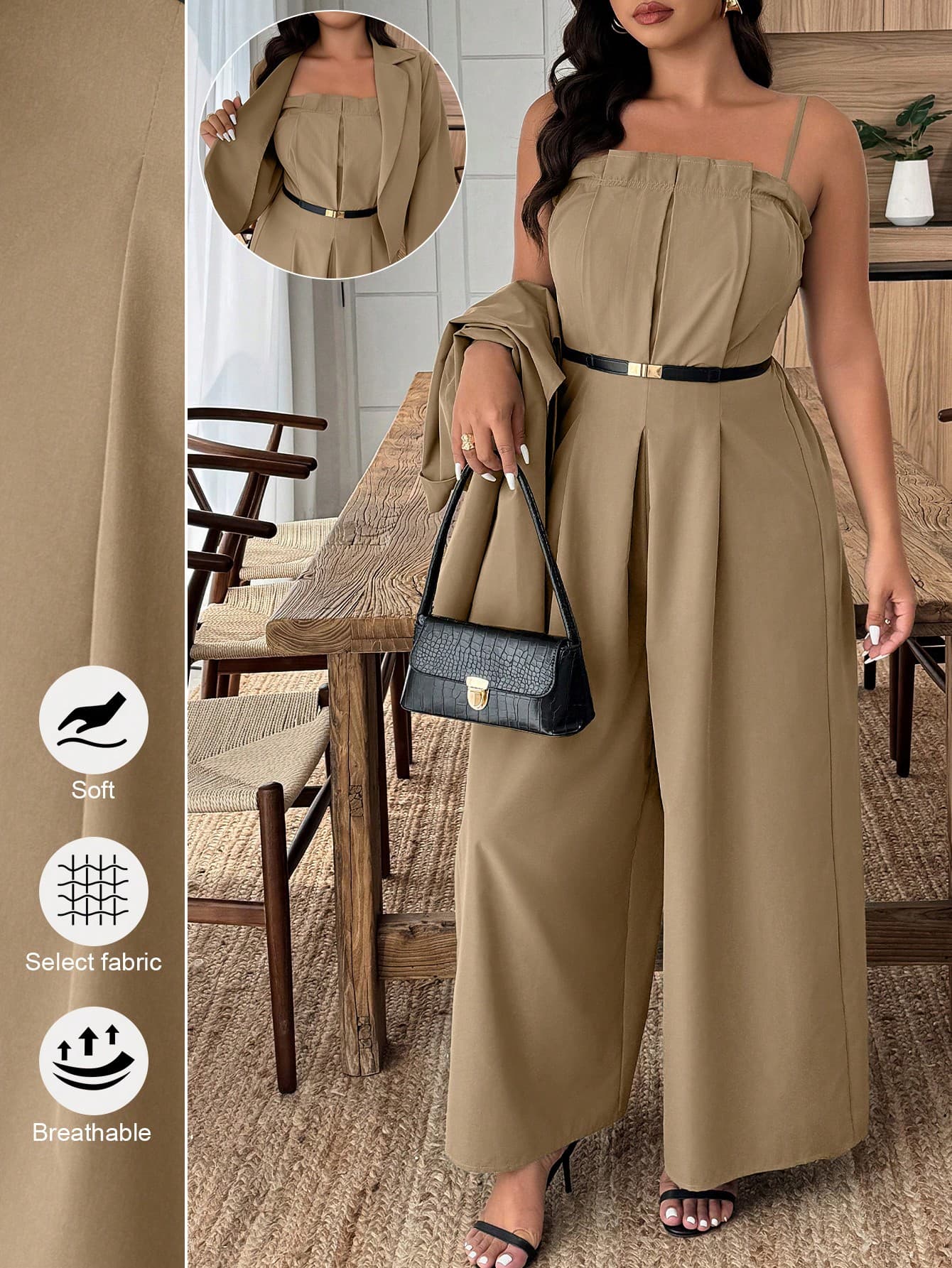 Weeklong Plus Size Solid Color Pleated Jumpsuit And Long Sleeve Jacket Elegant 2 Pieces Set
