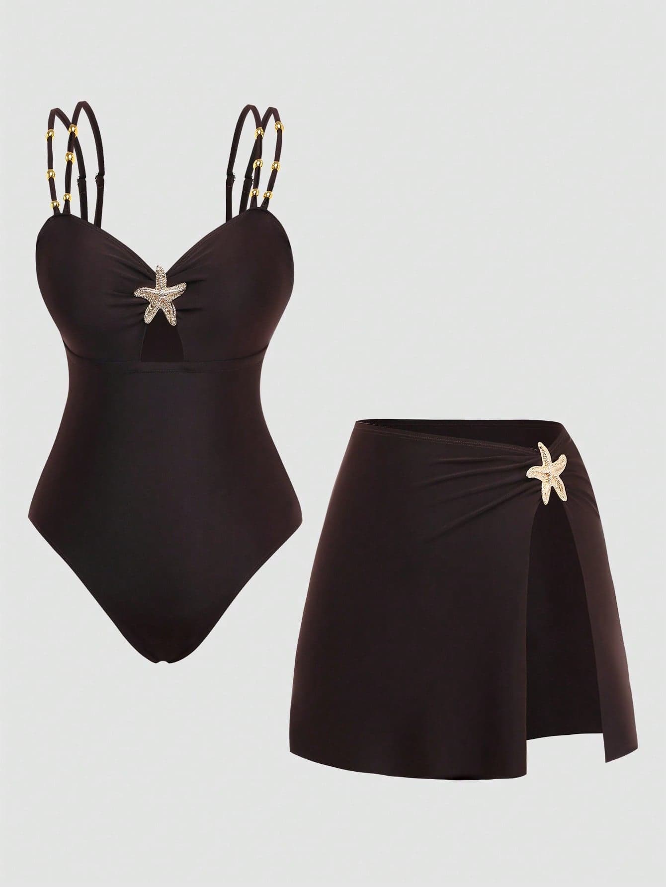 Swim Oasis Women's Plus Size One-Piece Swimsuit & Slit Sarong Skirt Set,Black,Summer,Classy,Formal,Beach,Evening,Holiday,Starfish Print Beaded Adjustable Straps