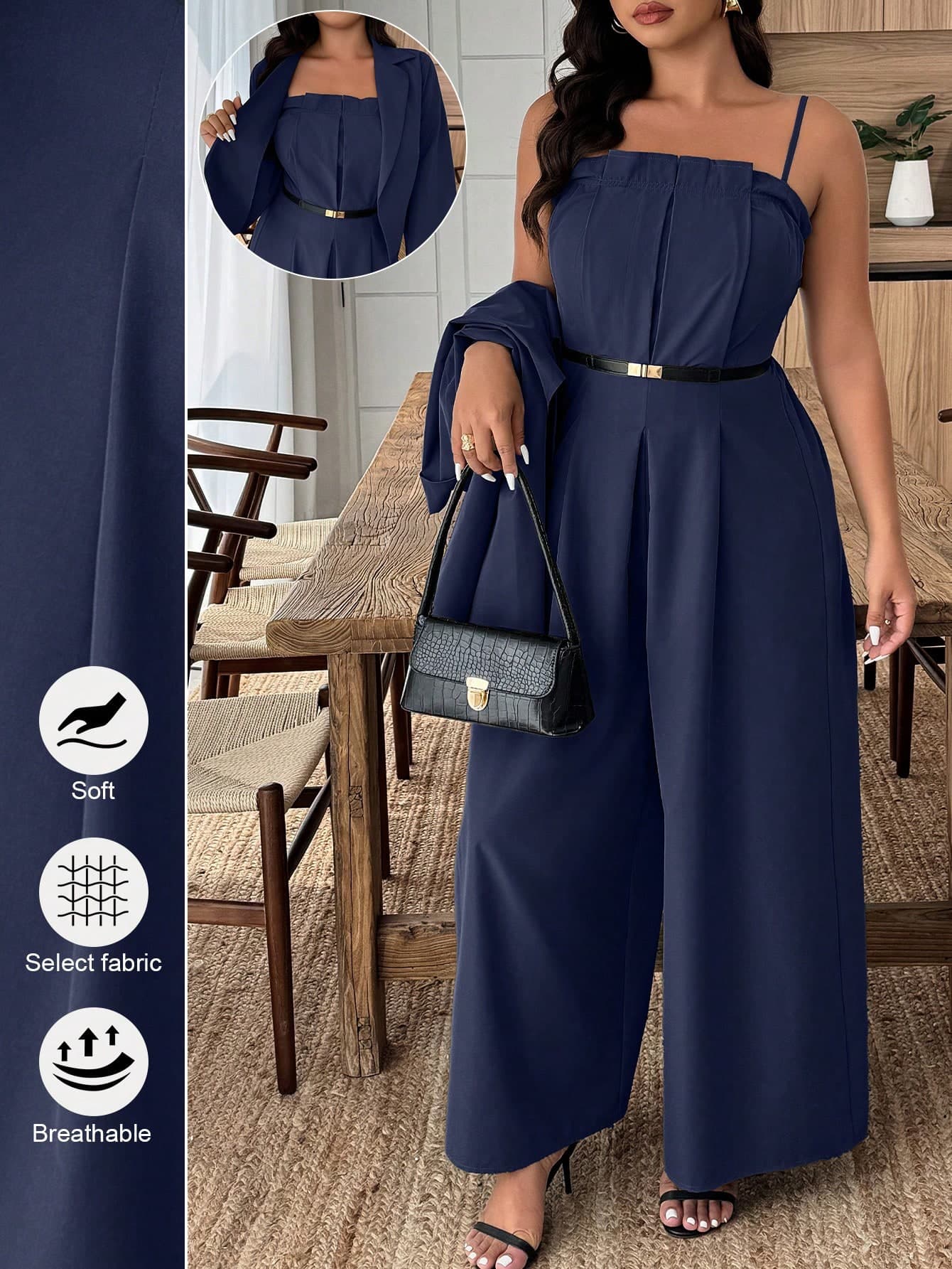 Weeklong Plus Size Solid Color Jumpsuit And Long Sleeve Jacket Elegant 2 Pieces Set