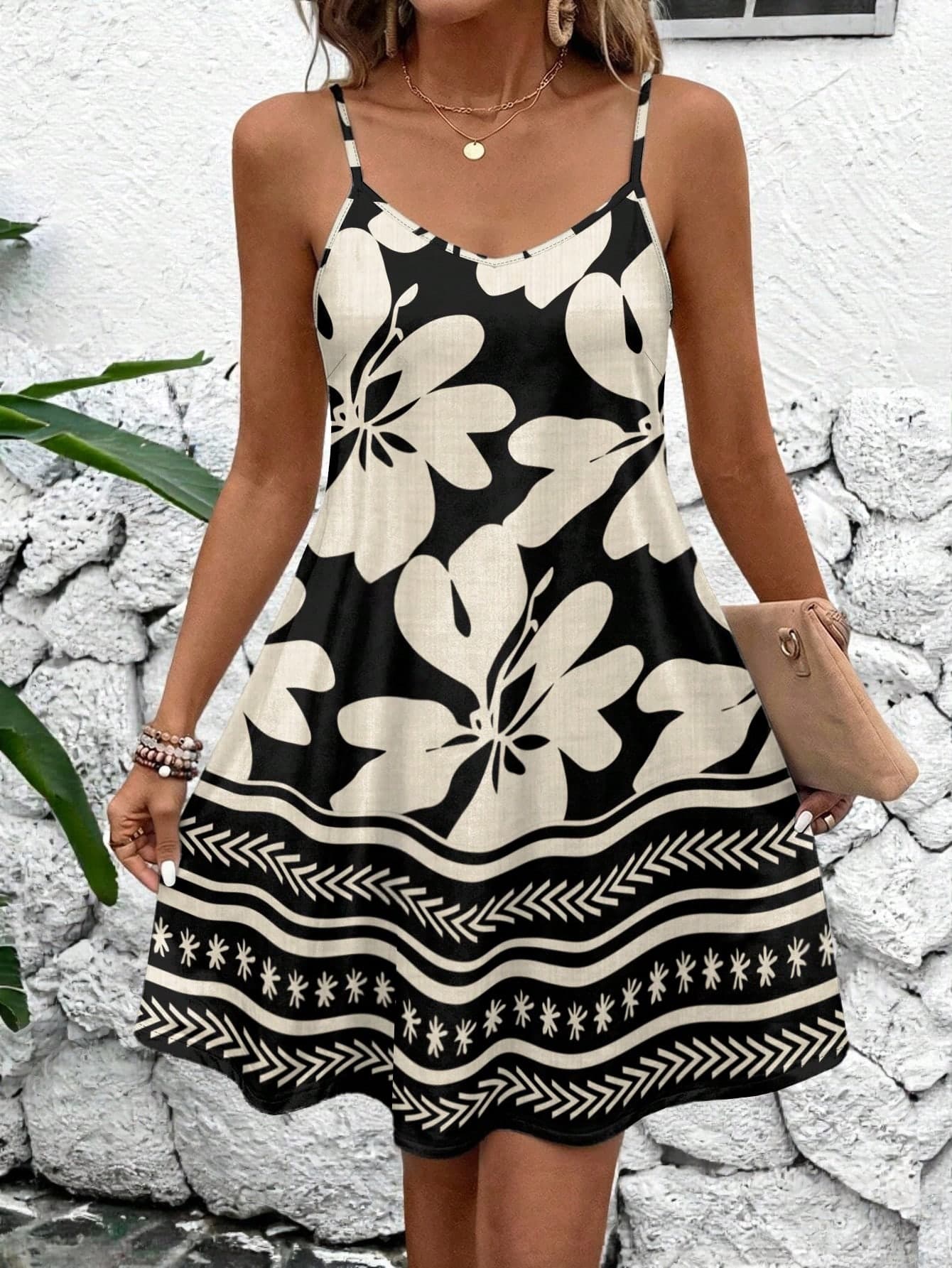 EMERY ROSE Plus Size Elegant Minimalist Tropical Floral Print Dress, Vacation