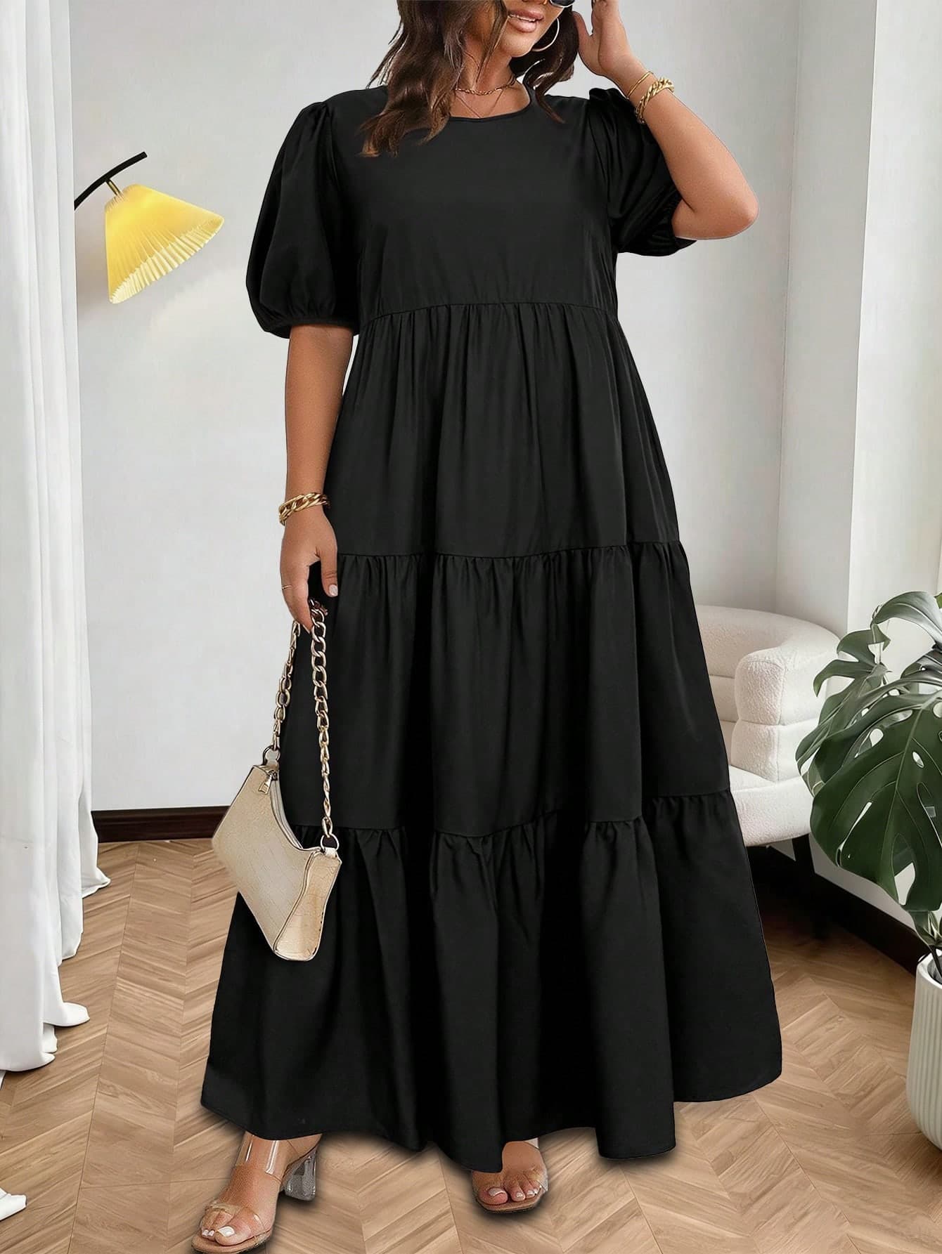 Vionelle Plus Size Women Summer French  Elegant Black Dress,Casual Round Neck Short Sleeve Cotton Maxi Dress,Sommar Vacation Tiered Ruffle Curve Long Dress