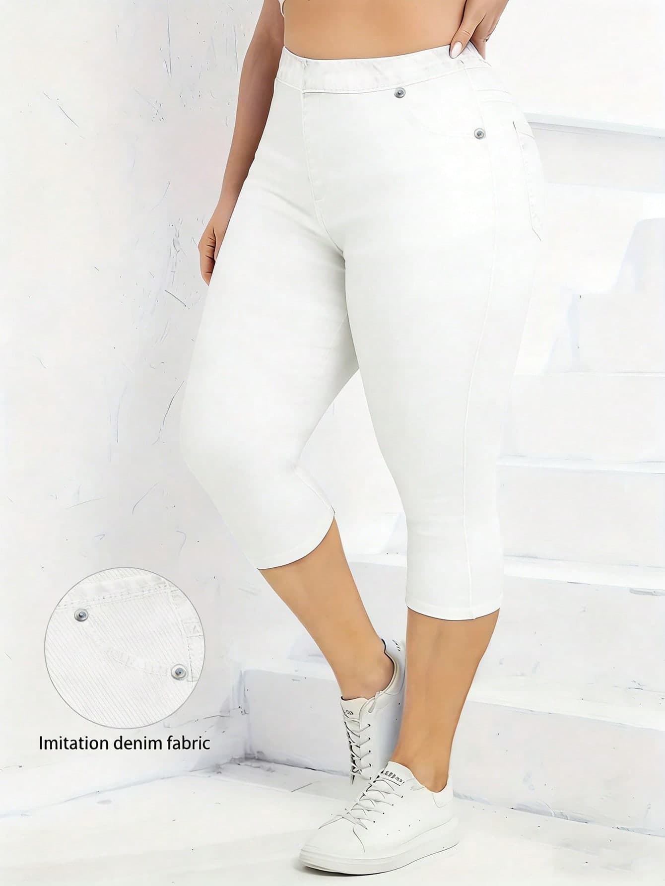 EMERY ROSE Plus Size Women Denim Effect Effect Skinny Capri Leggings Vacation White Summer Smart Casual