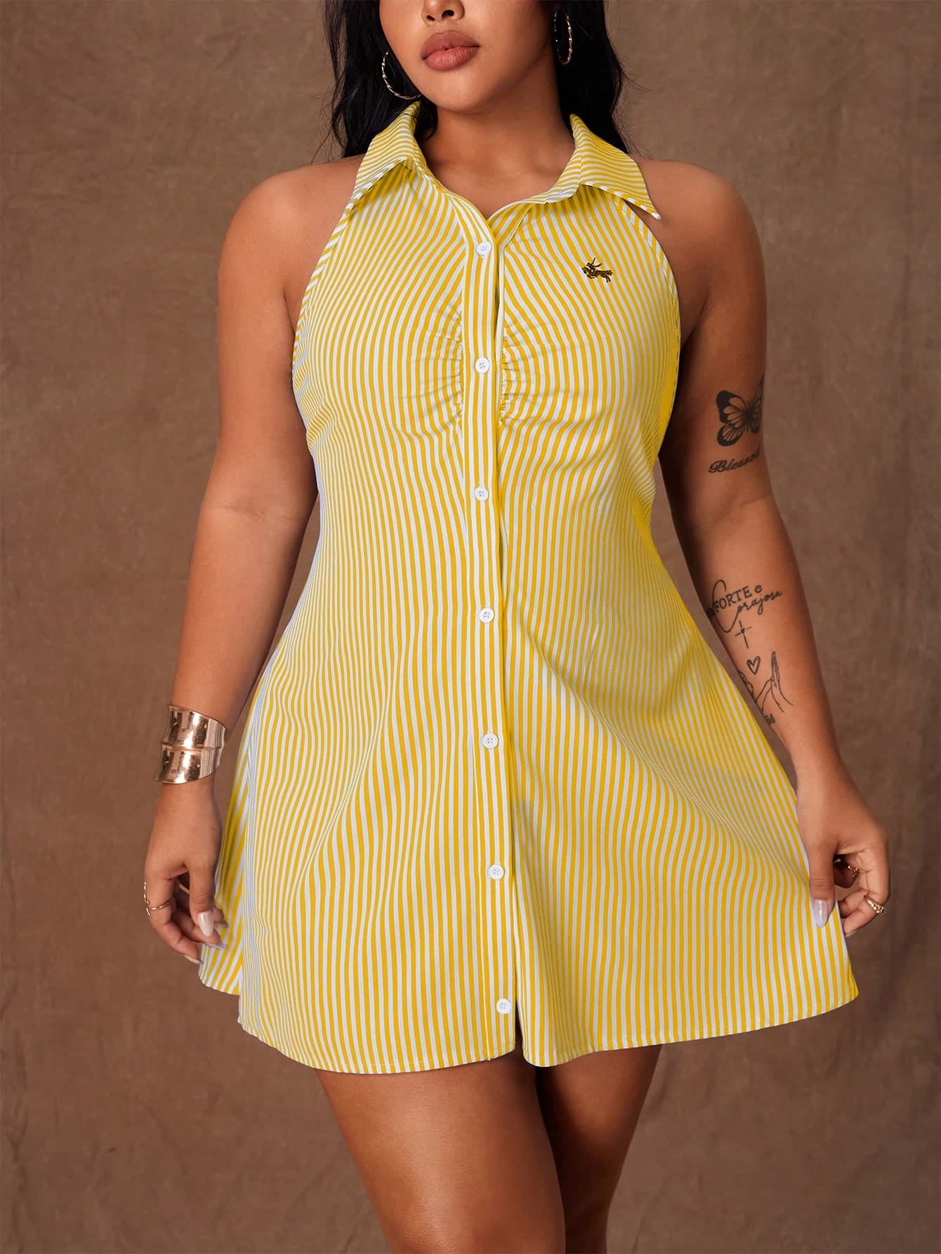 Rustia Plus Size Women Striped Knight Print Single-Breasted Sleeveless Casual Shirt Dress