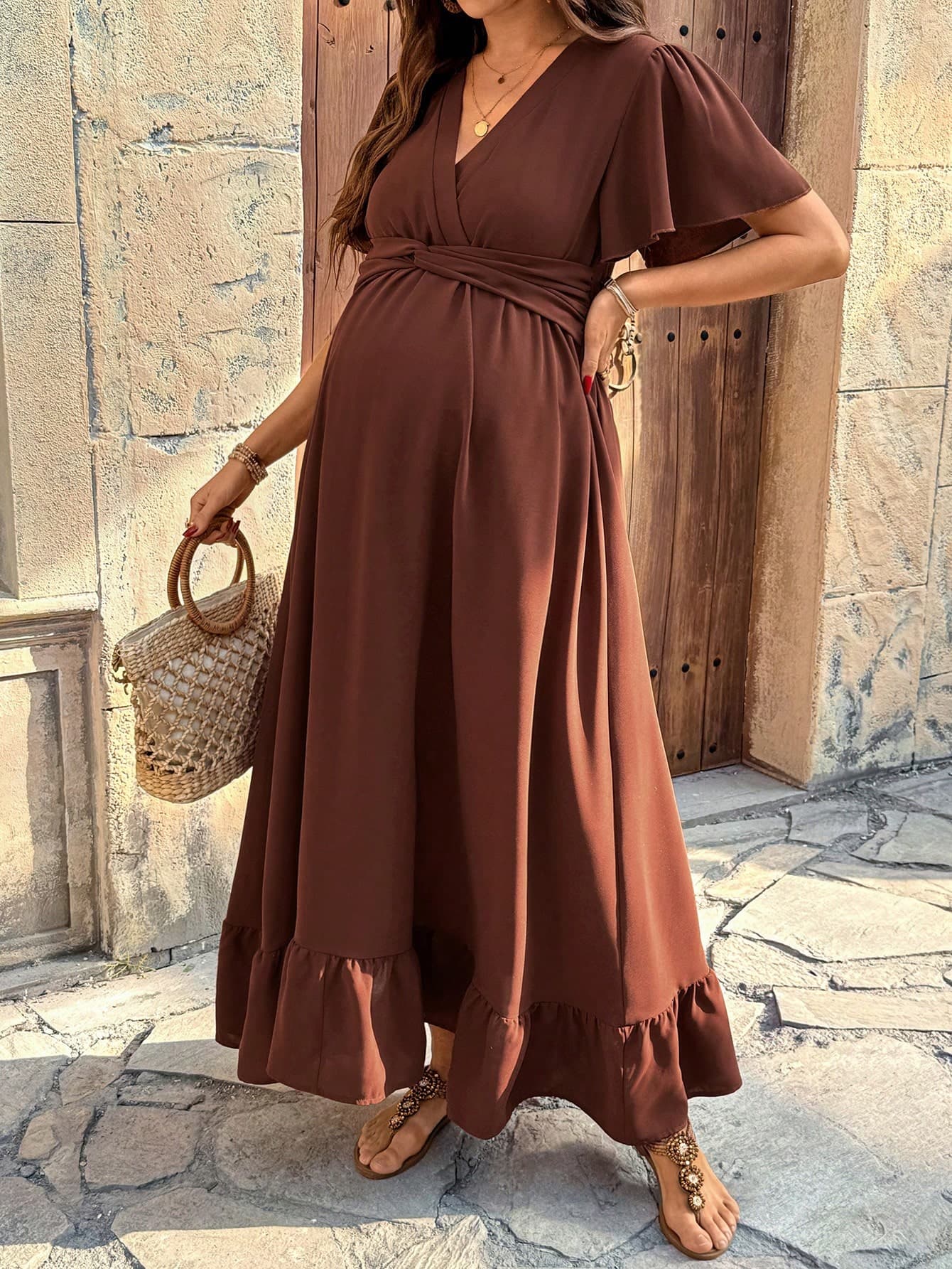 SHEIN Maternity Casual Solid Color Long Dress Brown Pregnancy Dress Brown Maxi Dress Brown Summer Dress Brown Brown Brown