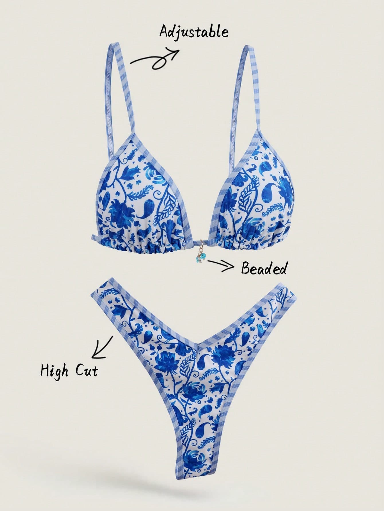 Swim Mod 2pcs/Set Women Summer Random Print Spaghetti Strap High Cut Bikini Swimwear Set