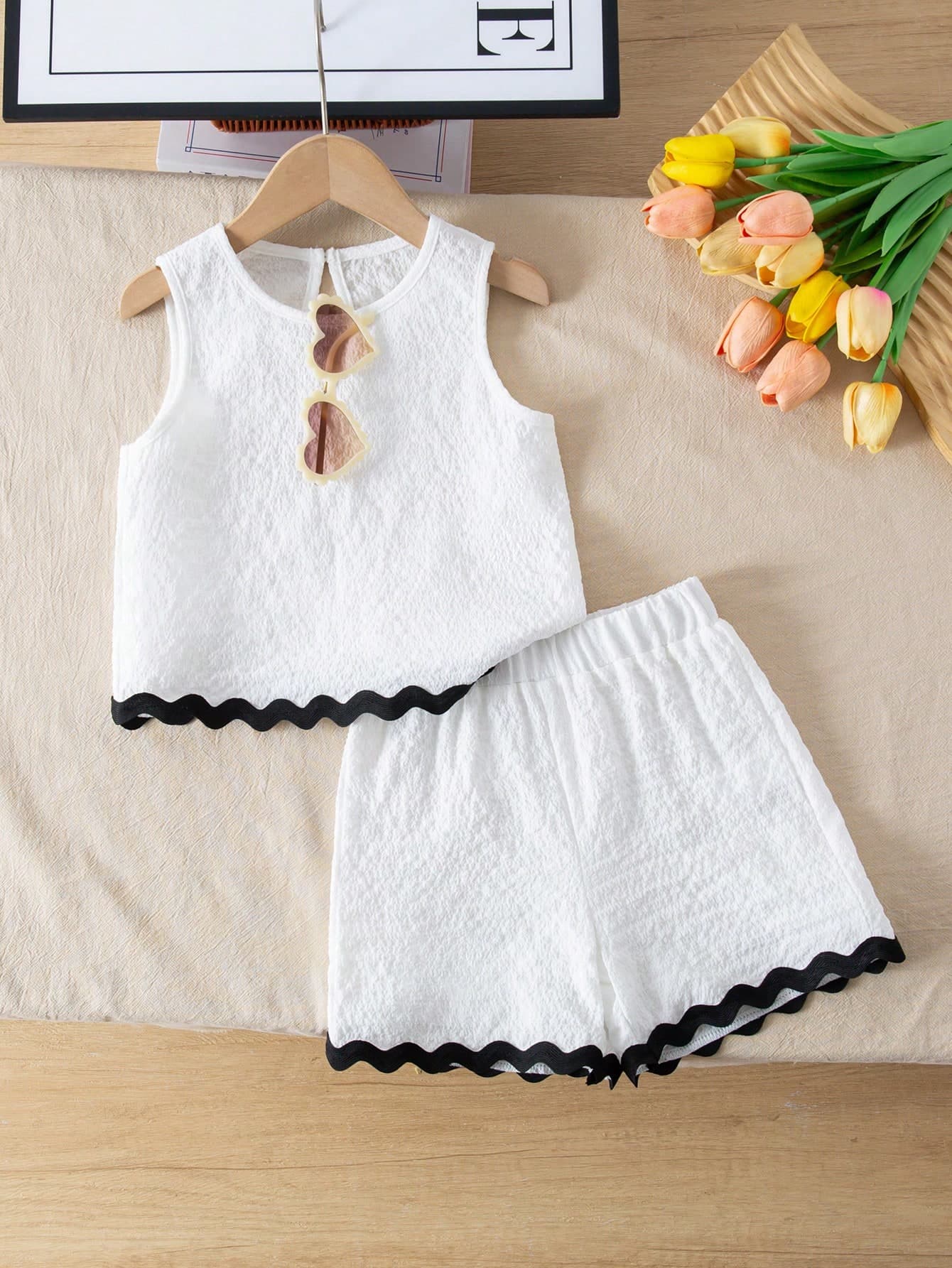 Genkimix Kids Young Girls Textured Fabric Sleeveless Top And Casual Shorts Set With Contrasting Webbing Detail-Perfect For A 7th Birthday Or Summer Wear.