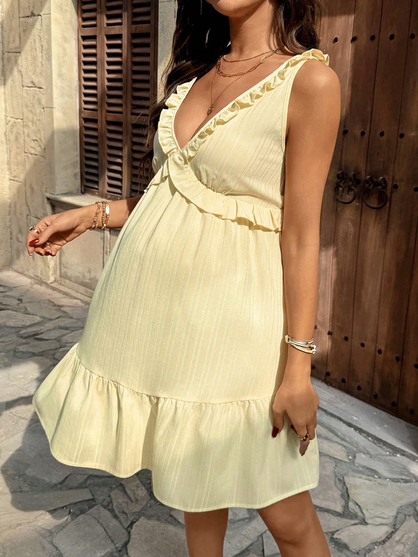 Lyckli Maternity Casual Frill Trim Short Dress Yellow Summer Vacation Lemon Women Ruffle Backless Smocked Sundress Light Sun Italian