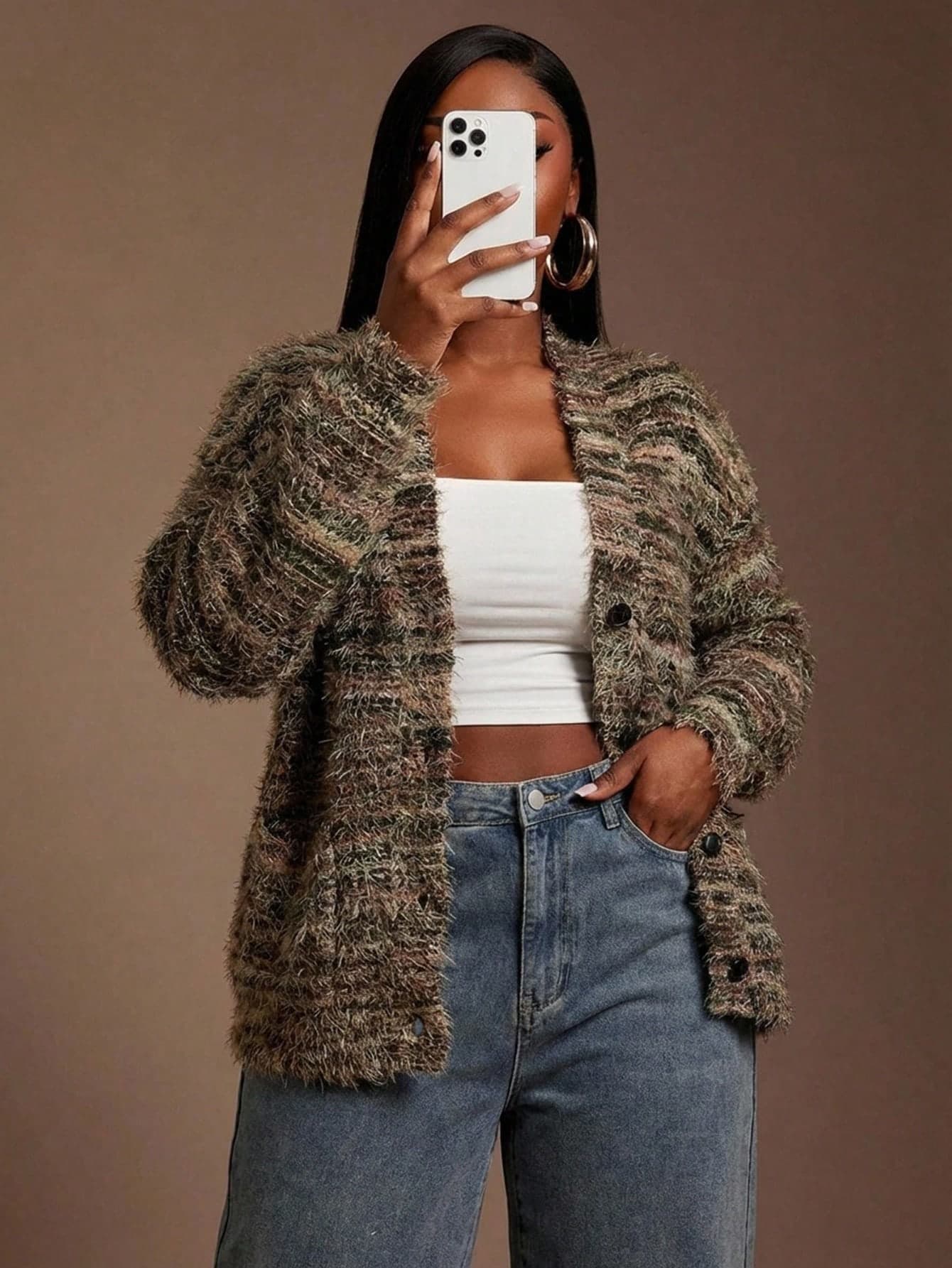 Radiana Casual Plus Size Knitted Teddy Coat In Green With Textured Pattern Rib-Knit Details And Drop Shoulder Sleeves