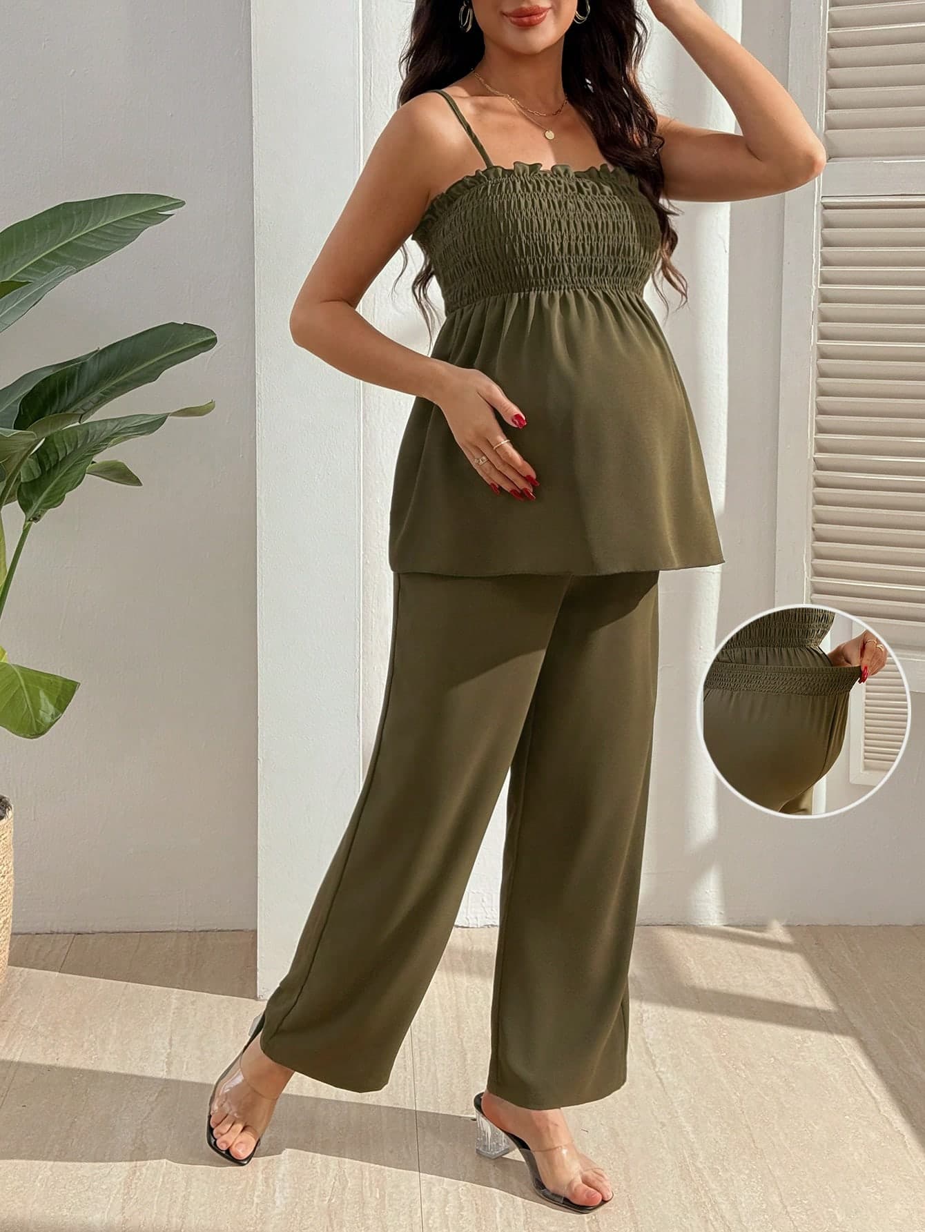 GentleRue Maternity 2pcs Maternity Vacation Solid Color Camisole Top And Long Pants Set Beach Summer