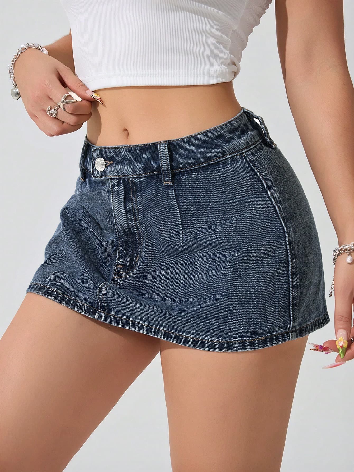 SHEIN ICON Women's Solid Color Casual Short Denim Skirt With Belt Loop, Fashion Summer