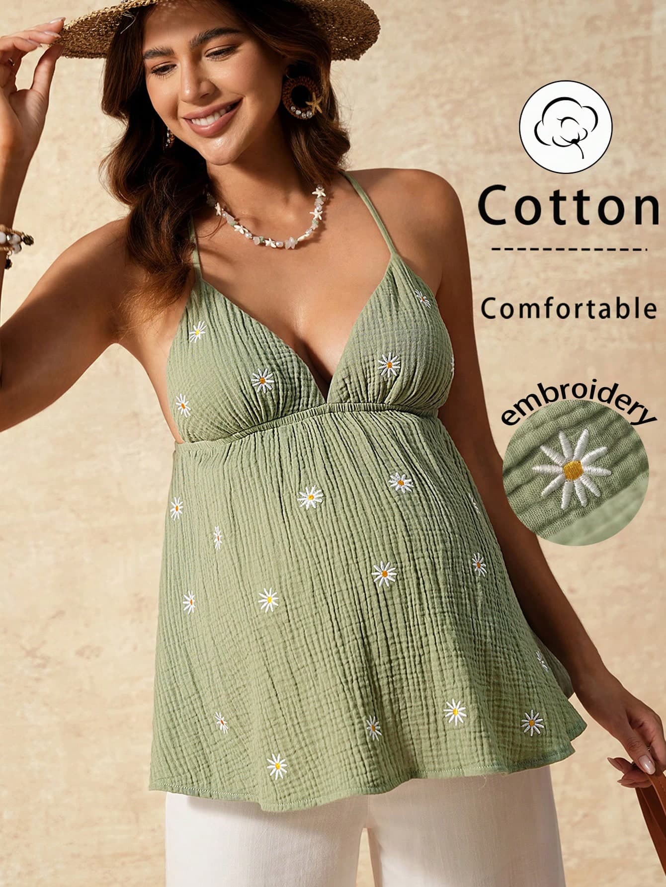 Boho Mama Pregnant Women's Summer Casual Vacation Textured Floral Embroidery Camisole Photoshoot Sage Green