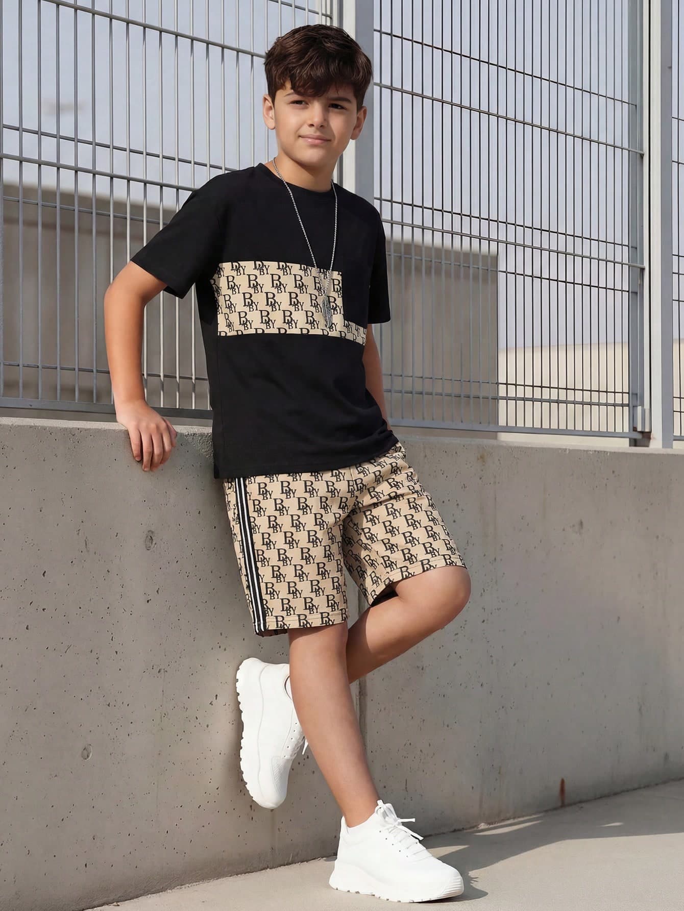 Vacaura Teenager Boy Casual Patchwork Print T-Shirt & Shorts Set, Summer